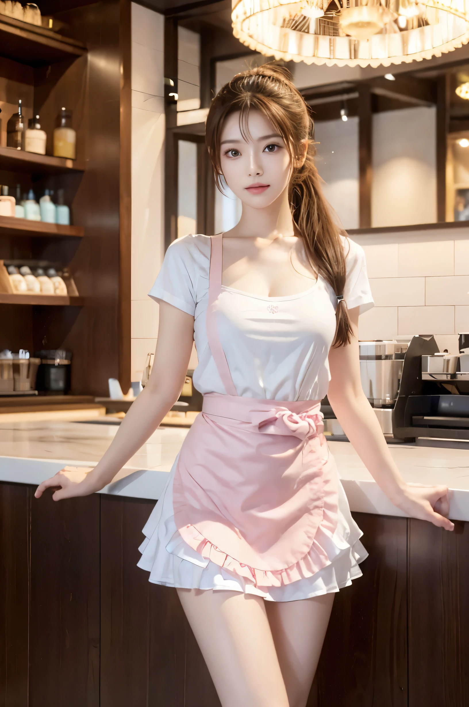 (Ultra HD), (Pink waitress:1.2, Apron with white frills), Beautiful breasts, Big Breasts, slender, Narrow waist, whole body, Standing posture, (Beautiful Skin, Shiny skin, White skin), (Super slim face, Super beautiful face, No makeup), (light brown, ponytail, Layered Cut, Fluffy hair), (double eyelid, Slanted Eyes), Small Nose, Thin lips, Thin legs, Coffee shop