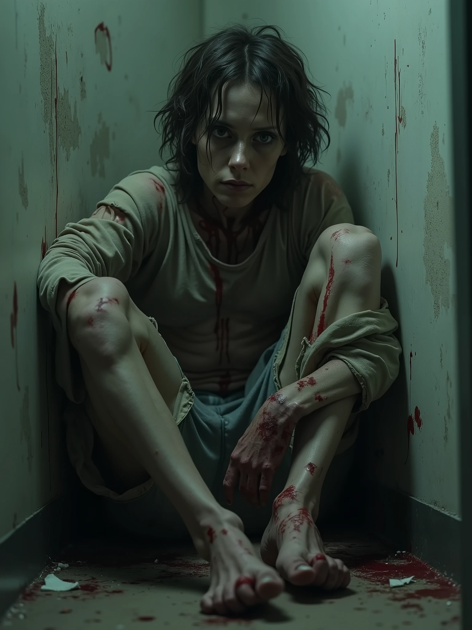 Visualize a gaunt, emaciated figure sitting in a dark, dimly lit room. The narrator's skin is pale and stretched tight over their bones, with deep, dark circles under hollow, haunted eyes. Their hair is disheveled and unkempt, and their clothes are tattered and stained with blood and grime. The narrator's hands are clenched, showing signs of self-inflicted wounds, with raw, bleeding flesh visible. Their expression is one of despair and madness, with a vacant stare that suggests they are barely holding on to sanity. The room around them is cold and sterile, with signs of violence—scratches on the walls, smeared blood, and broken objects scattered around. The atmosphere is oppressive, filled with a sense of horror and torment., cinematic