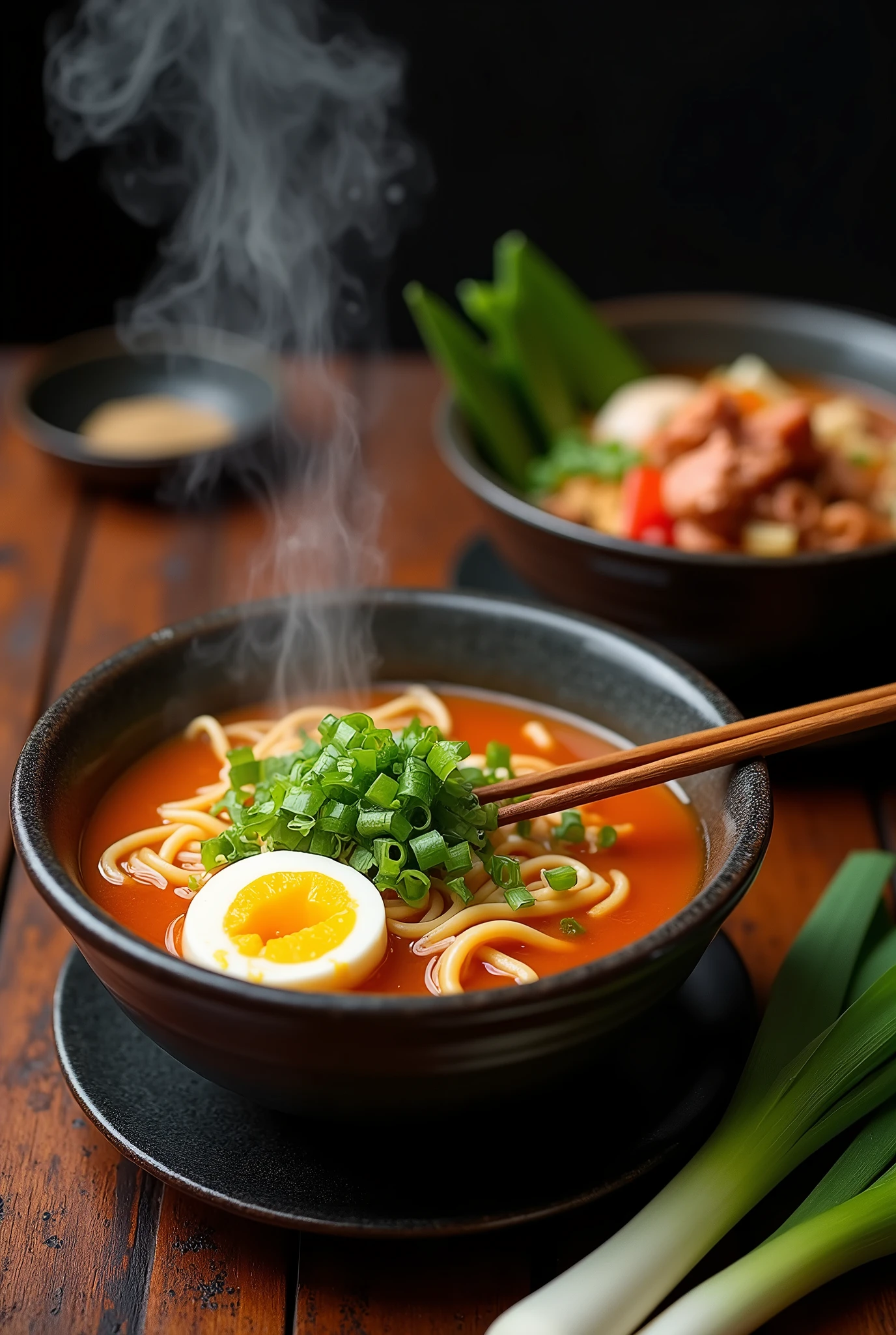 A delectable still life: two steaming noodle soups set against a dark background, foreground large bowl adorned with a soft-boiled egg, green onions, and chopsticks, while the background bowl overflows with savory ingredients like meat and veggies. A bunch of fresh green onions lies nearby, awaiting their turn to garnish this mouthwatering meal, inviting the viewer to take a seat and dig in.