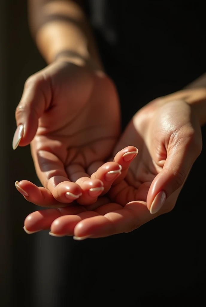 a beautiful close-up portrait of a pair of female hands, delicate fingers, intricate finger joints, soft skin, elegant manicure, warm lighting, cinematic composition, photorealistic, hyperrealistic, dramatic chiaroscuro, ethereal, dreamlike, mystical
