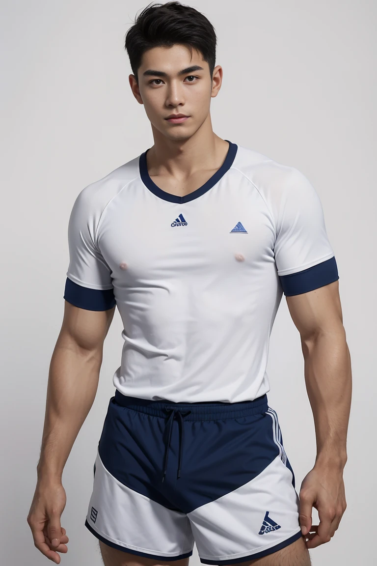 1 Handsome naked Japanese guy ,Sexy pose, A 20 year-old man wearing a Bare chest shirt and Excellent shorts stands against a white background, navy Blue, navy Blue, Sports T-shirt, Blue, Excellent Sportswear, Gorgeous and sexy clothes, Sportswear, Short sleeve, Jinjinshen Blue clothes, Tall young man, Tennis suits, Wearing Sportswear, dark Blue decorative clothing,male,Bare chest,Full chest muscles,Swelling of chest muscles,Six-pack,Hips, Handsome,High,Muscles look good,hairy body,Sexy expression, Wheat complexion,black eyes(thin eyes 1:3),Full body image, Excellent, perfect dick shape, Perfect hand details,Detailed you, , Mostly juicy ass, The opening of your legs
