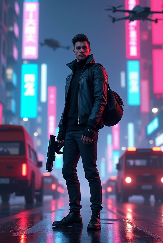 ((high qualiy)), ((work of art)), 8k, 1 men , carriages, lightrays, extremely detailed CG unity 8k wallpaper, CG game, looking ahead at viewer, mitts, booties, whole body, to attend , computer, mask, drone, holding gun, earbuds, jaket, duffel bag, duffel bag, camel toe, neon