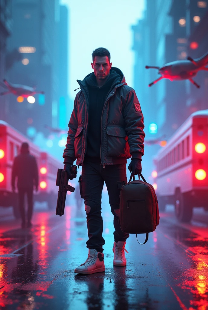 ((high qualiy)), ((work of art)), 8k, 1 men , carriages, lightrays, extremely detailed CG unity 8k wallpaper, CG game, looking ahead at viewer, mitts, booties, whole body, to attend , computer, mask, drone, holding gun, earbuds, jaket, duffel bag, duffel bag, camel toe, neon