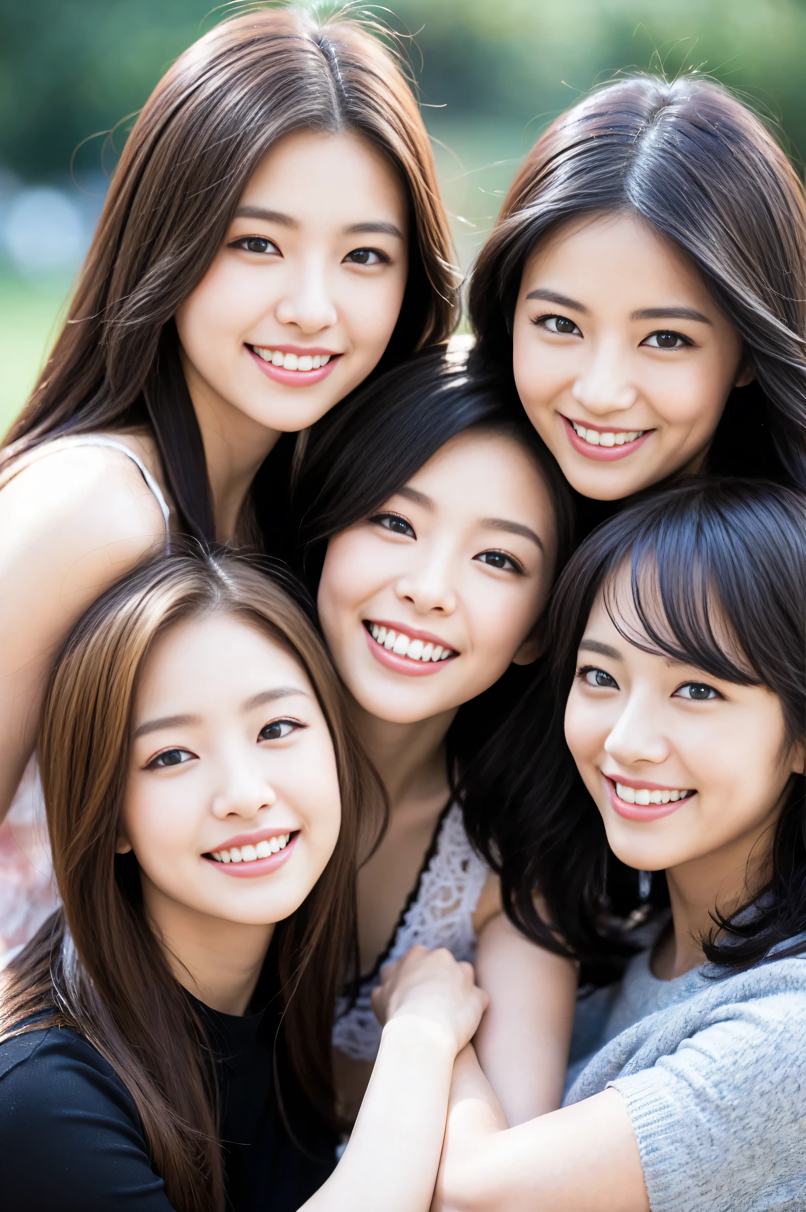 women, dreamy background, (highly detailed body, very detailed face, top quality:1. Three Women), looking at viewer, A smile with visible teeth, I can't see her hands, (very long layered hair:1.2), (Her thighs are very beautiful:1.3), (8 thousand:1.5), (lovely lingerie:1.3), (skin glow:1.3), (medium tits:1.3), The Most Beautiful Women in Korea, beautiful body,