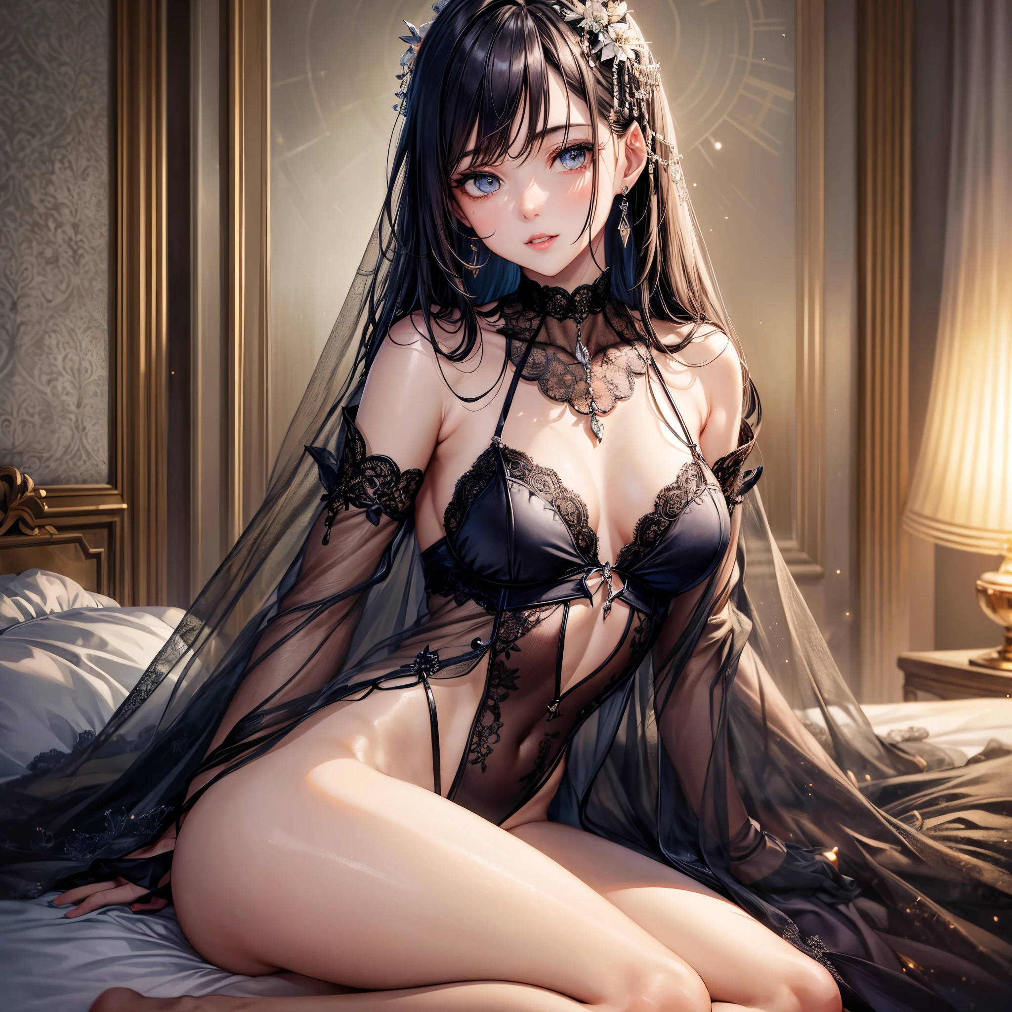 (beautiful young wife, 35 years old, Alluring expression ,Seduces me with a seductive pose:1.4),(The chest is sheer, transparent fabric v-neck blouse:1.4),(masterpiece,top quality,best quality,official art,ultra detailed,realistic,ultra high res,Raw photography,24K,unity 24K wallpaper,detailed skin,photorealistic:1.3),a beautiful woman,Neat and clean woman,独奏,black hair,long hair,brown eyes,beautiful detailed eyes,gorgeous eyes,intricate,beautiful detailed face,beautiful parted lips,soft lips,(small breasts:1.3), (Beautiful Faces, Beautiful Face, Highly detailed hair, Beautiful hairstyle, Beautiful detailed eyes, Beautiful Skin:1.3),slender body,seductive full body,looking at viewer, (Luxury, Bedroom at night, Luxury Bedroom:1.3),