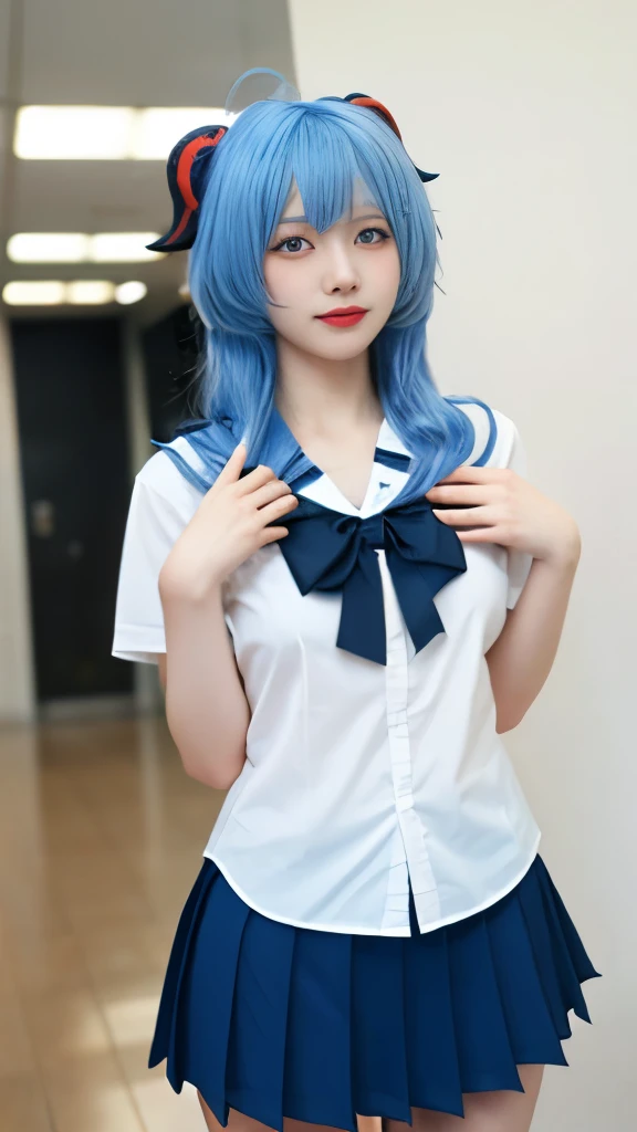  best quality, masterpiece,Ultra-high resolution,Clear face,（Reality：1.4），Mood Lighting,Master Lighting, (Reality:1.50),, 1 Girl,Solitary,Korean Girl,Chinese Girl,,Ganyu(Genshin Impact:1.15), Blue Hair, long hair, Bangs, Red horns，Water blue eyes, blush, sideways，Look directly at the audience，Face Focus, Medium breasts, bow tie, , Sailor suit collar, School, shirt, skirt,, Solid color background,indoor,skirt, White background, 白色的shirt, 黑色的skirt, Shut up, Smile,Short sleeve,,The thighs can be seen,White socks,Anime idol poses