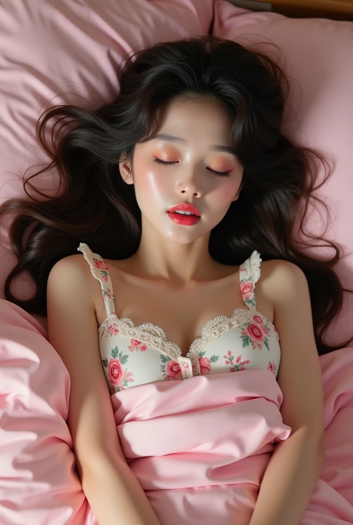 a beautiful Korean woman aged 15, long curly hair, bright white face, gray eyes, wet red lips, plump body, plump arms, beautiful fingers with red nails, large normal breasts, wearing cute patterned pajamas, big hips and plump thighs, smooth shining skin, sleeping on a pink bed with a challenging pose, very realistic, 8K, high resolution.