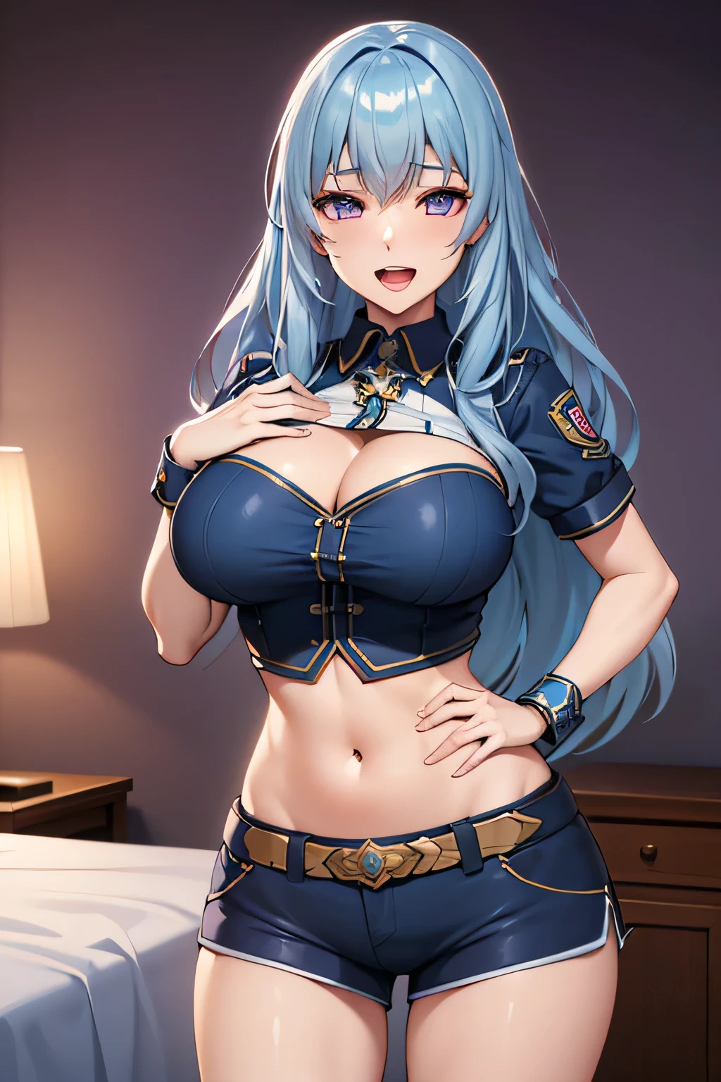 (handjob gesture),spolicewoman,(Holding handcuff),(highest quality:1.4),unreal engine,masterpiece,super resolution, very detailed, 1 woman,big breasts, waist, thin, open mouth,(muscular:0.8) ,(light blue long hair:1.1),aroused,purple eyes ,light smile,Shorts, (happy:1.3),belly button exposed,in the bedroom