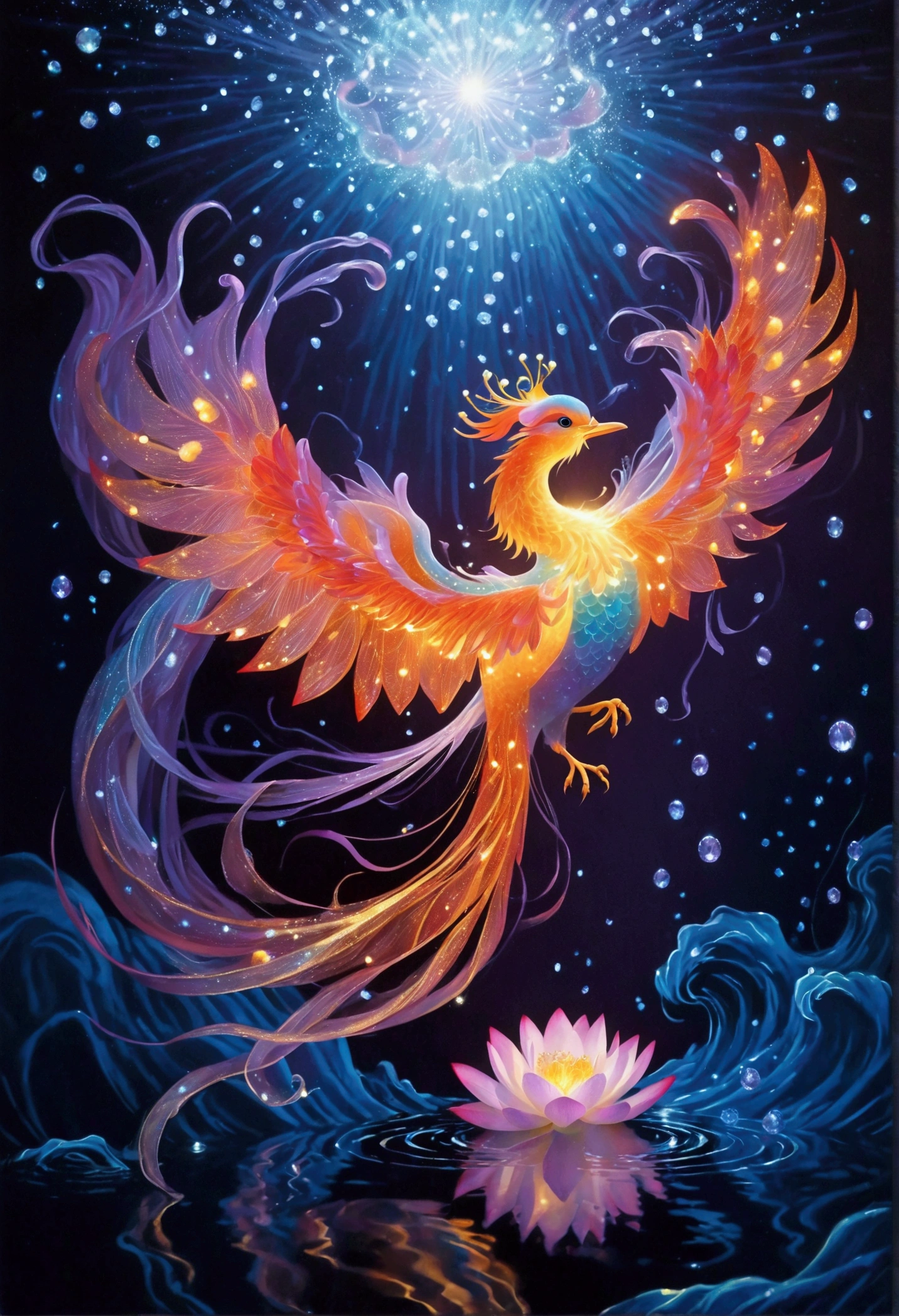 In the light purple background, a flaming phoenix rushes into the air, a circle of starlight forms an arc above it, a translucent lotus flower on the water directly below the flaming phoenix, the water has circular ripples, in front of the picture, glittering diamonds float in space, high definition, fine details, bright colors, The dynamic composition of the photographic style creates a dreamlike atmosphere, bright lights illuminate delicate textures, and low-angle shots highlight curves.