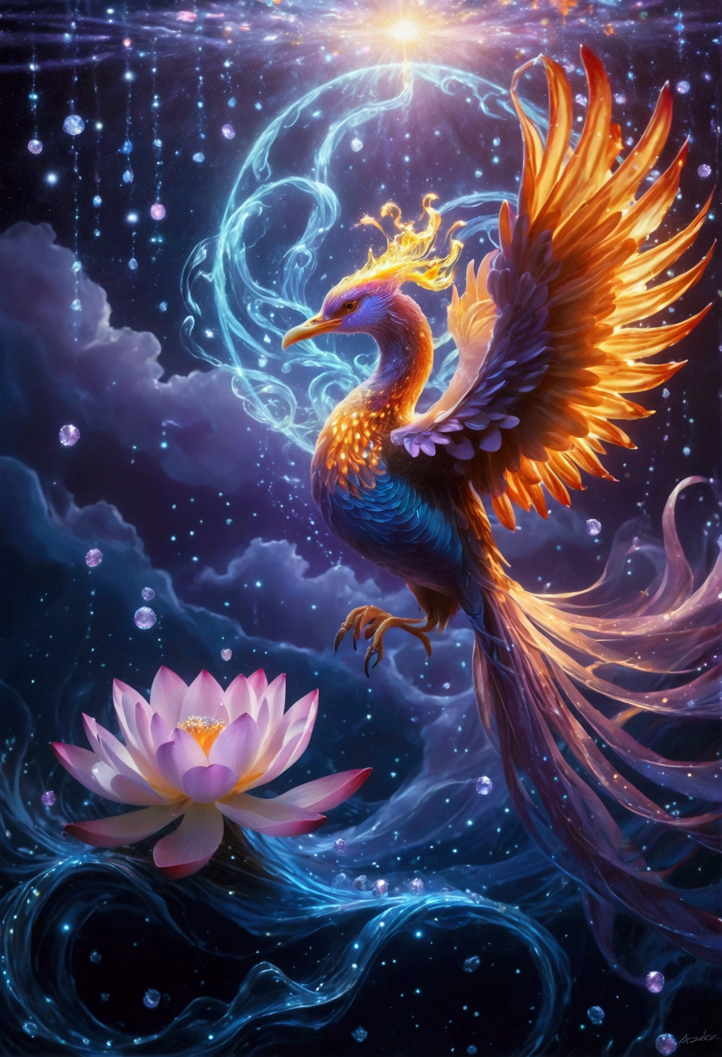 In the light purple background, a flaming phoenix rushes into the air, a circle of starlight forms an arc above it, a translucent lotus flower on the water directly below the flaming phoenix, the water has circular ripples, in front of the picture, glittering diamonds float in space, high definition, fine details, bright colors, The dynamic composition of the photographic style creates a dreamlike atmosphere, bright lights illuminate delicate textures, and low-angle shots highlight curves.