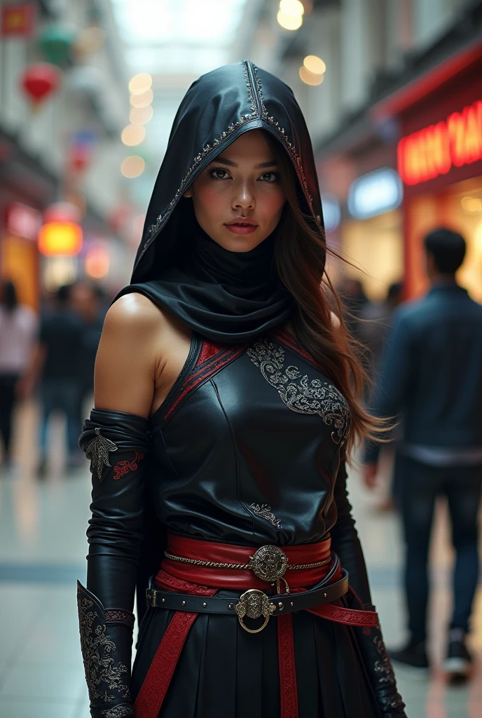 a realistic woman wearing a ninja cosplay costume in the mall 