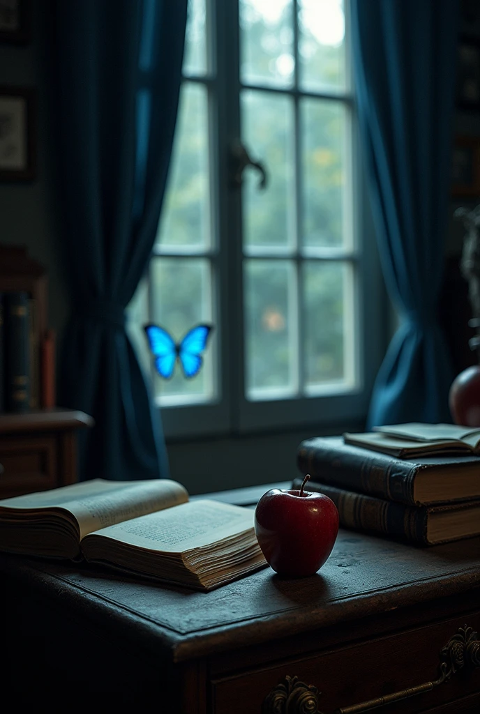 Book cover depicting a dark romance between a student and a teacher, a mysterious atmosphere of black colors, grises, dark blue, showing an office, a close-up of a desk, right behind a large window, with a stack of books, a red apple on top of them and a blue butterfly perched on the window 