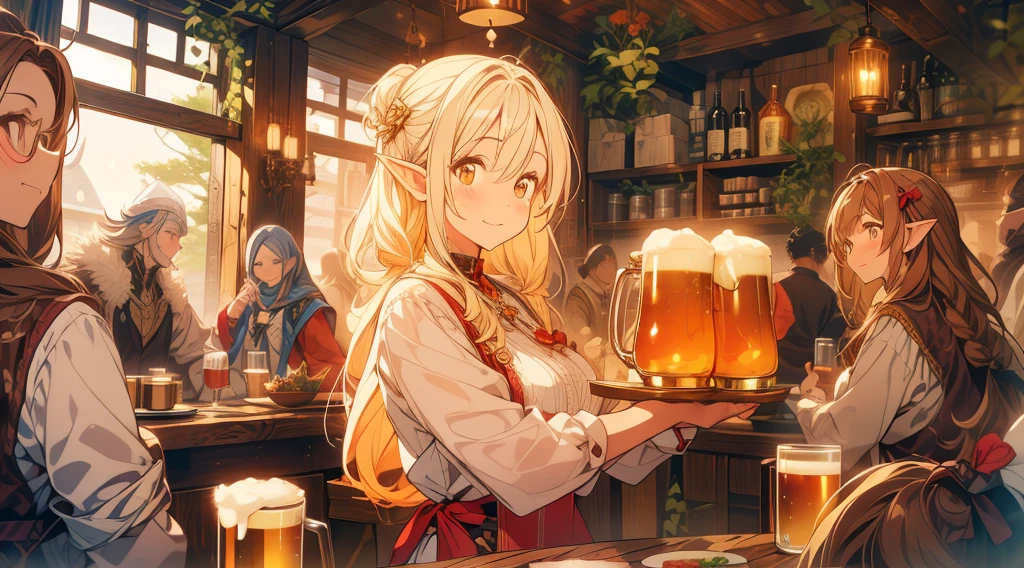 An illustrated scene set in a lively fantasy tavern at twilight. The focus is on a cheerful elf waitress, a young woman with long flowing hair and pointed ears, wearing a traditional tavern outfit. She is smiling warmly as she carries a large tray of mugs filled with beer, distributing them to a diverse group of patrons gathered around a round wooden table. The background shows a bustling tavern filled with various races, including humans, dwarves, and elves, all engaged in lively conversation. The setting is cozy, with a warm glow from lanterns and a large hearth, casting a soft, inviting light. The overall mood is vibrant yet warm, with a mix of soft browns, golds, and oranges to reflect the twilight hour.