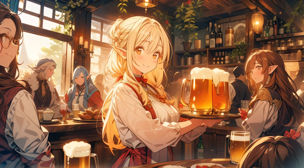 An illustrated scene set in a lively fantasy tavern at twilight. The focus is on a cheerful elf waitress, a young woman with long flowing hair and pointed ears, wearing a traditional tavern outfit. She is smiling warmly as she carries a large tray of mugs filled with beer, distributing them to a diverse group of patrons gathered around a round wooden table. The background shows a bustling tavern filled with various races, including humans, dwarves, and elves, all engaged in lively conversation. The setting is cozy, with a warm glow from lanterns and a large hearth, casting a soft, inviting light. The overall mood is vibrant yet warm, with a mix of soft browns, golds, and oranges to reflect the twilight hour.