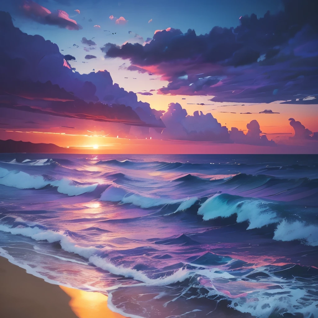 a purple and blue sunset over the ocean with waves, digital art by Mike "Beeple" Winkelmann, tumblr, color field, beautiful vibrant colors, beautiful colors, stunning colors, gorgeous colors, magical colours and atmosphere, breathtaking colors, amazing colors, beautiful colours, magical colors and atmosphere, vividly beautiful colors, amazing colours, moody beautiful colors