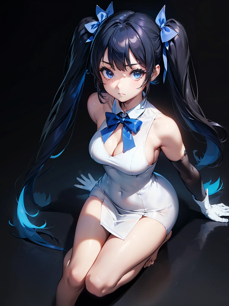 Light and shadow effects are skillfully expressed, Black background with spotlight, Long eyelashes, Twin tails, Black Hair, Air decoration, white dress, blue bowtie, Cleavage cutout, Blue Ribbon, Arm ribbon, short dress, white gloves, barefoot, blue bow, blue bowtie, bow, bowtie, Cleavage, Cleavage cutout, Clothing cutouts, dress, gloves, pencil dress, (Rei no himo:1.5), short dress, white dress, white gloves, masterpiece:1.3),