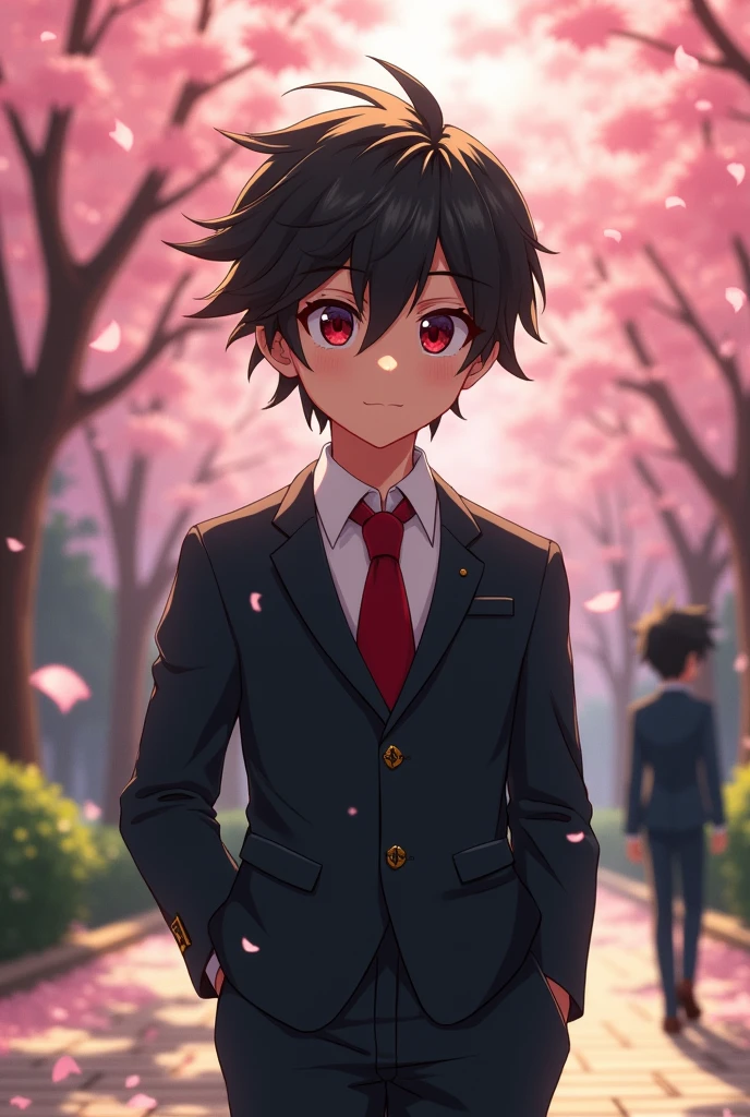 a boy with black hair and crimson red eyes, He's wearing a uniform, he is meeting another boy