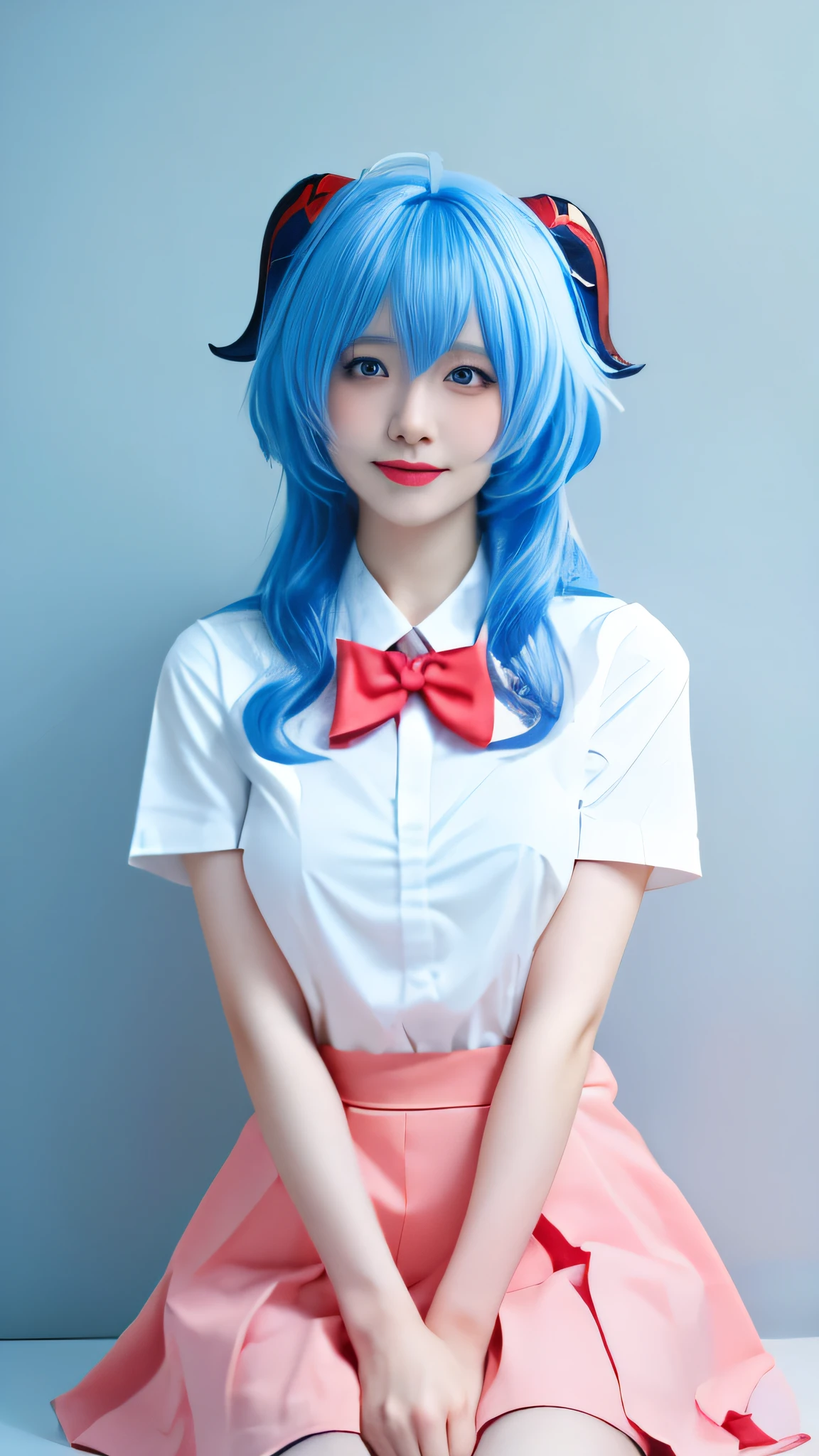  best quality, masterpiece,Ultra-high resolution,Clear face,（Reality：1.4），Mood Lighting,Master Lighting, (Reality:1.50),, 1 Girl,Solitary,Korean Girl,Chinese Girl,,Ganyu(Genshin Impact:1.15), Blue Hair, long hair, bangs, Red horns，Water blue eyes, blush, Ultra-thin face,sideways，Look directly at the audience，Face Focus, Medium breasts, bow tie, , Sailor suit collar, School, shirt, skirt,, Solid color background,indoor,skirt, White background, White shirt, Black skirt, Shut up, Smile,Short sleeve,,The thighs can be seen,White socks,Anime idol poses