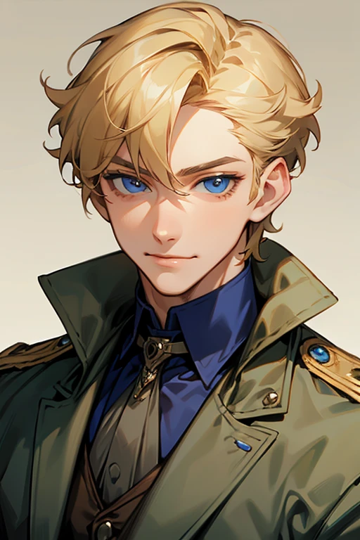 handsome man, handsome face, face with beautiful features, confident and tough appearance, a great smile, short curly hair, blonde hair, blue eyes, big eyes, wears a victorian military outfit, anime style.