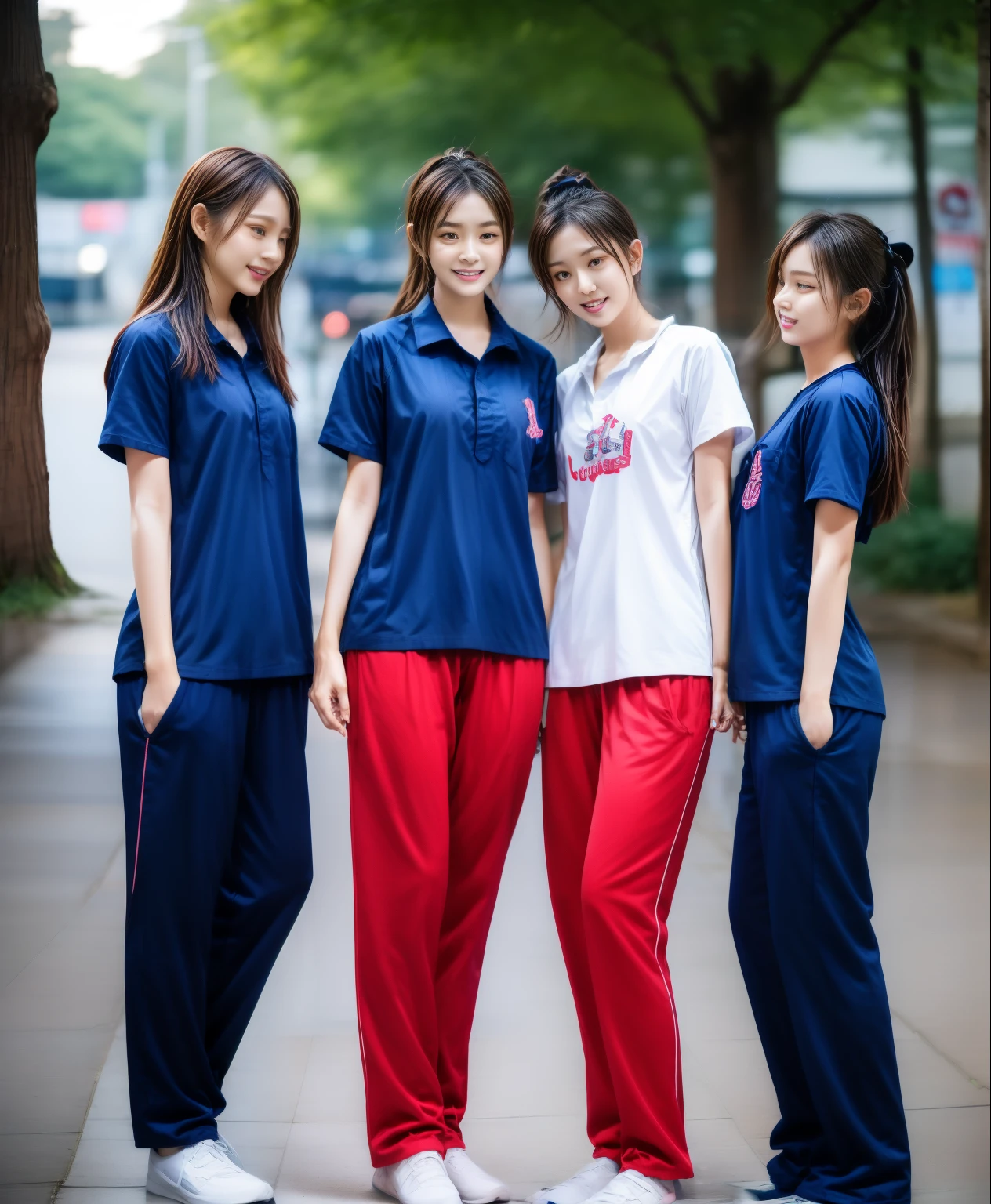 3 girls sleep on bed, Navy blue short-sleeved shirt,Navy Long Trackpant,Sweatpants, Sweatpantsขายาว,25 year old girl, lesbian, sexy, exercise clothes, wet body, exercise clothes