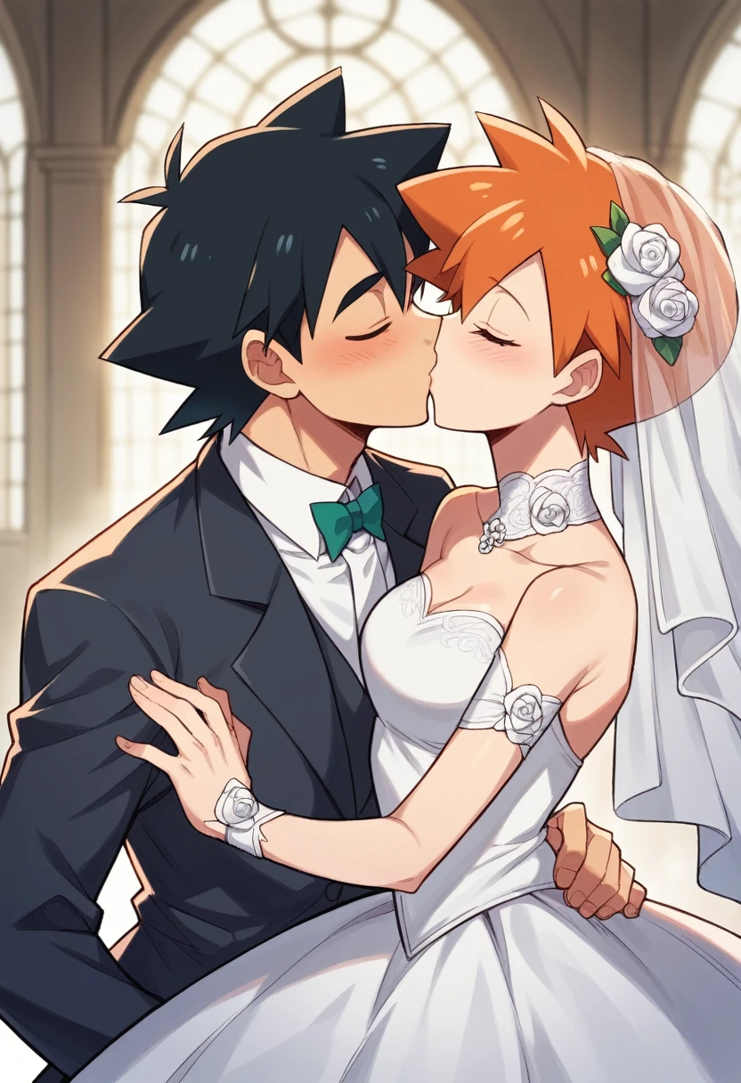 1boy, black hair, brown eyes, hair between eyes, ash ketchum, groom, suit, handsome boy, macho, good looking boy 1girl, misty pokemon, orange hair, hair down, green eyes, bride, pretty, beautiful girl photograph of a 18 years old couple, on their wedding, on a church, they're showing off their love and affection for each other, they're caressing, they're kissing, closed eyes