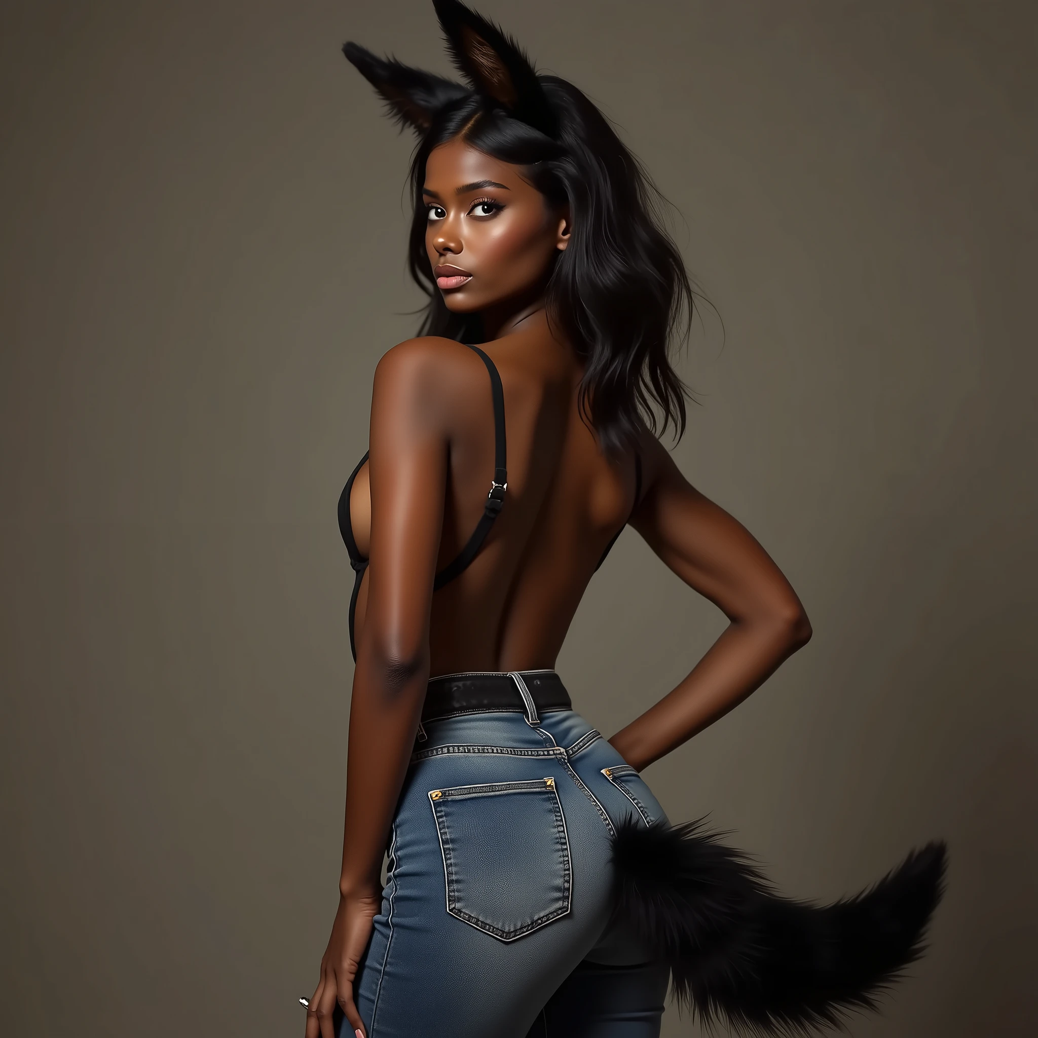 A very attractive brunette girl with dark skin and black hair., wearing fitted jeans, camera facing backwards looking over shoulder with hands on hips, huge ass and big tips, dressed up with fox ears and tail, jar