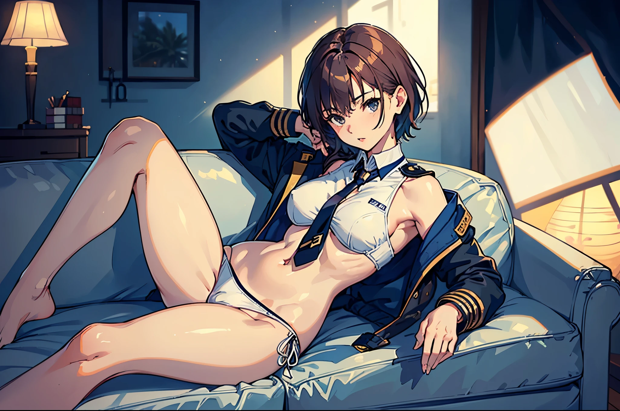 masterpiece,(Perfect Anatomy:1.5), highest quality, 1 lady , slender, leggy, small breasts, Seductive, brown hair, short hair, (wear a white long sleeved shirt, tie, navy officer summer jacket:1.5), white bikini panties , barefoot, Perfect hands, Perfect body, reclining, lying on a sofa, leg up , looking away, ((Exquisite detail)), Very finely crafted fingers(((10 fingers))), (full body showcase), (Show your whole body), (no background), (No logo) , high resolution, parted lips, belly button, feet up, arms behind head, hip lift, nsfw from blow, white bikini panties focus