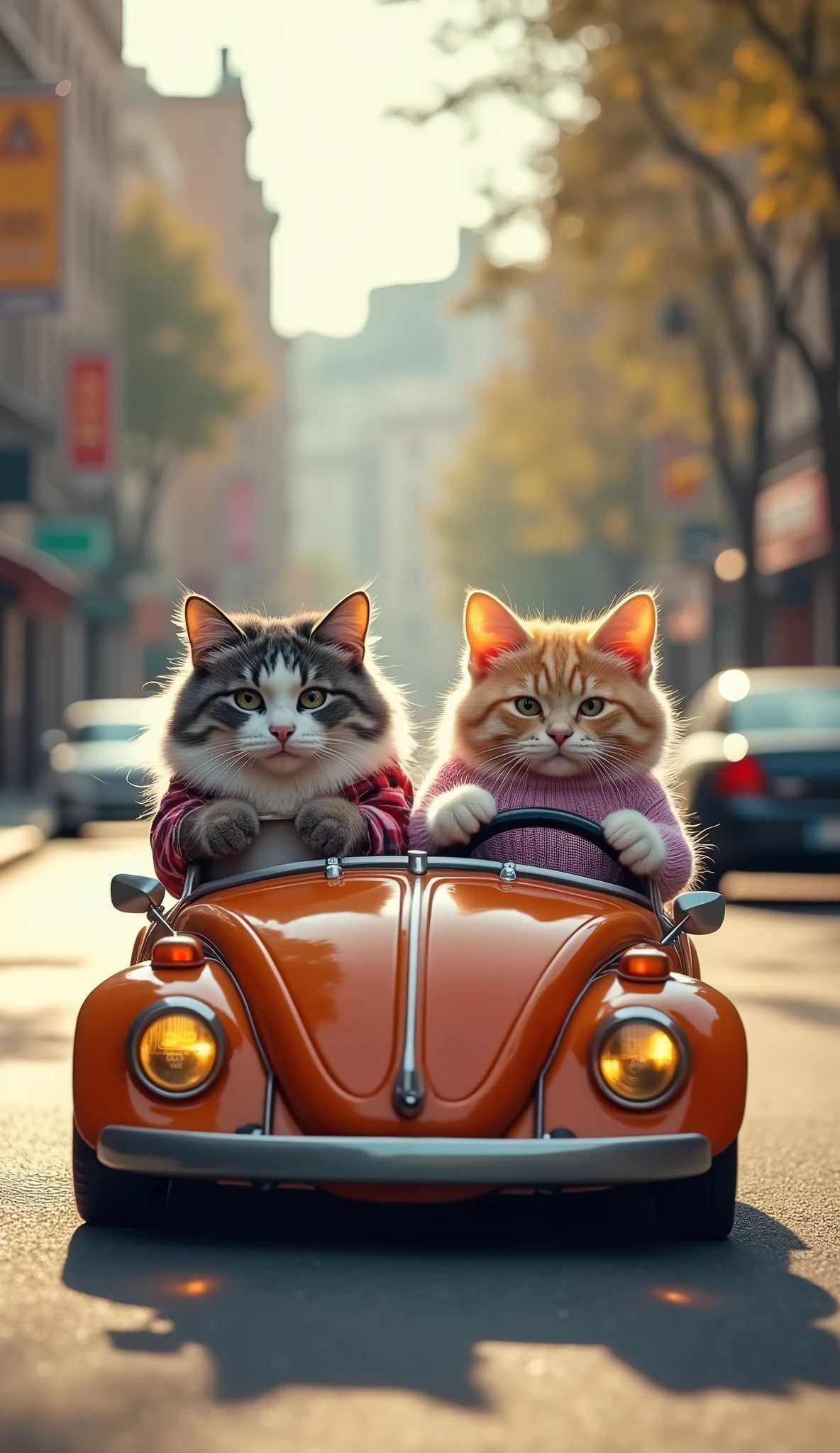A pair of cute chubby white and grey cats are in a car, with the male cat behind the wheel, concentrating on driving, while the female cat sits beside him, looking relaxed and pampered. Both cats are dressed in casual, human-like clothing, giving the scene a charming and whimsical vibe as they enjoy their drive together. camera position in front of car, location in city street.
