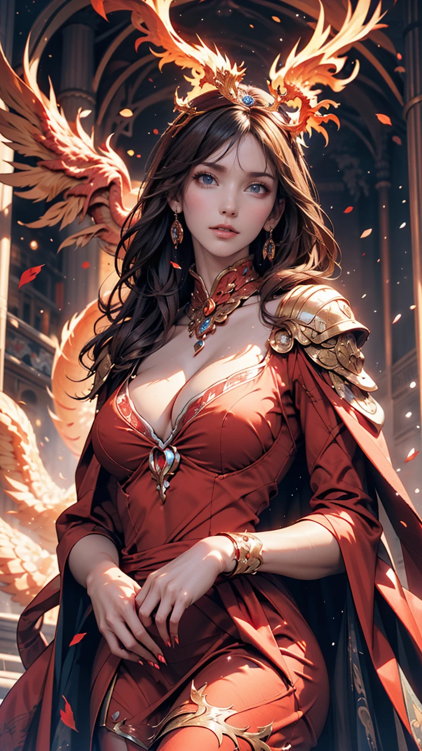 1 heroine, one beautiful princess, In the Dark: 1.6), Surreal Female Portraits by David Hockney and Alphonse Mucha, Fantasy art, Korean Doll, Photorealism, Dynamic Lighting, Art Station, Poster, Volumetric lighting, Highly detailed face, 8K Ultra, whole body, Awards, In the Dark, Deep Shadow, Modest, Cowboy Lens, (Red Phoenix Dress: 1.4), Long Hair, Black Hair, bust, Luxury palace, Royal Style, Princess Crown, Big round black eyes, Style Royal, The most beautiful face, Large and normal breasts, Ultra-realistic,