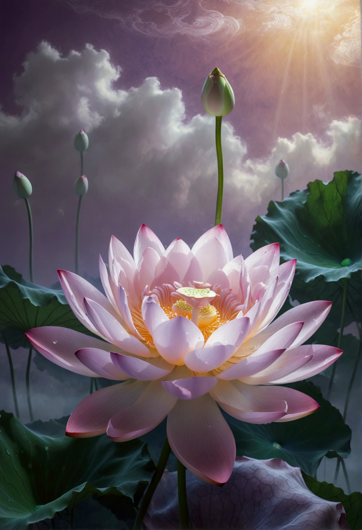 On a light purple background, a glowing lotus flower floats in the air, translucent white silk floats around in a minimalist style, fluid effects, a green bud emerges in the upper left corner, ethereal cloud scenery, fantasy, surrealistic scenes, high-definition photography, super detail and surrealistic style, high resolution, fine textures and transparent glass materials, With Chinese art style gradient color palette