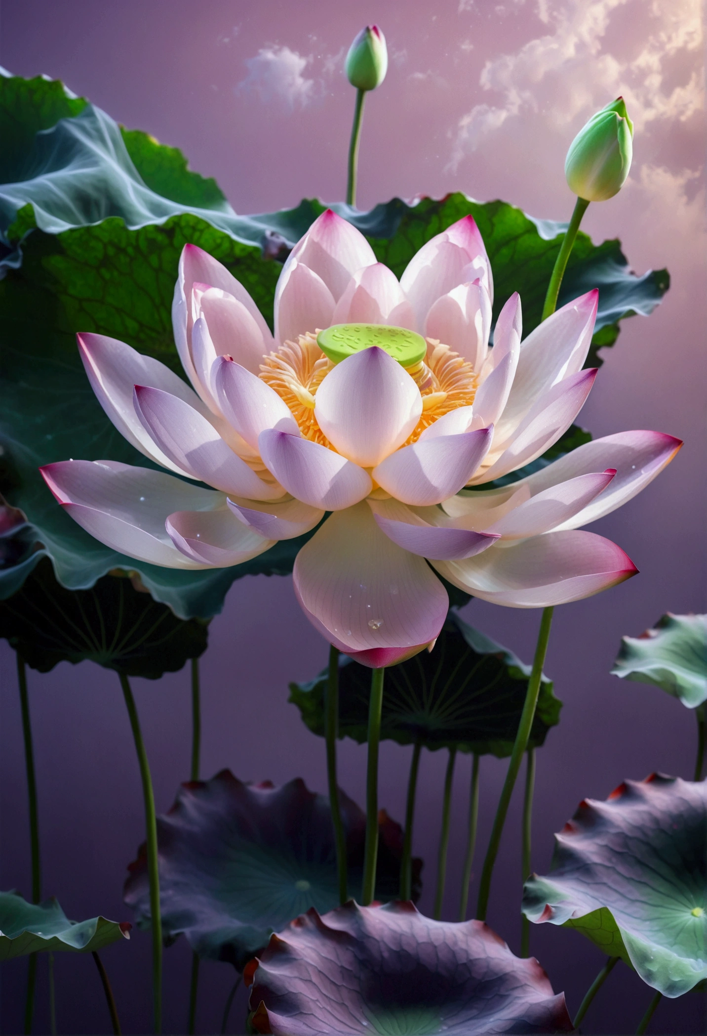 On a light purple background, a glowing lotus flower floats in the air, translucent white silk floats around in a minimalist style, fluid effects, a green bud emerges in the upper left corner, ethereal cloud scenery, fantasy, surrealistic scenes, high-definition photography, super detail and surrealistic style, high resolution, fine textures and transparent glass materials, With Chinese art style gradient color palette