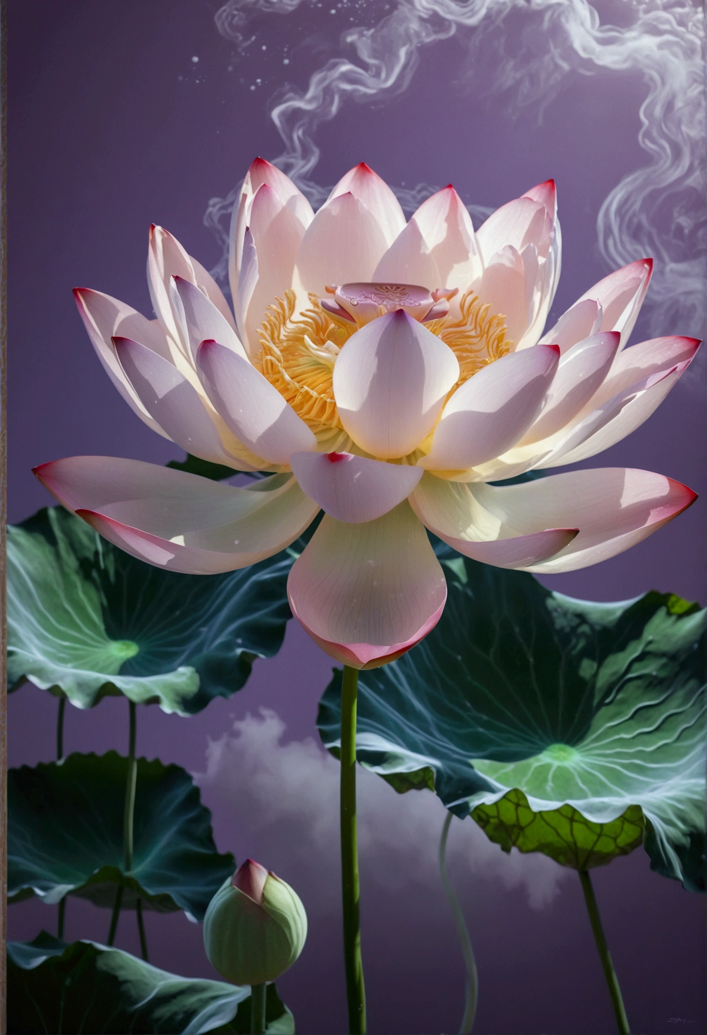 On a light purple background, a glowing lotus flower floats in the air, translucent white silk floats around in a minimalist style, fluid effects, a green bud emerges in the upper left corner, ethereal cloud scenery, fantasy, surrealistic scenes, high-definition photography, super detail and surrealistic style, high resolution, fine textures and transparent glass materials, With Chinese art style gradient color palette