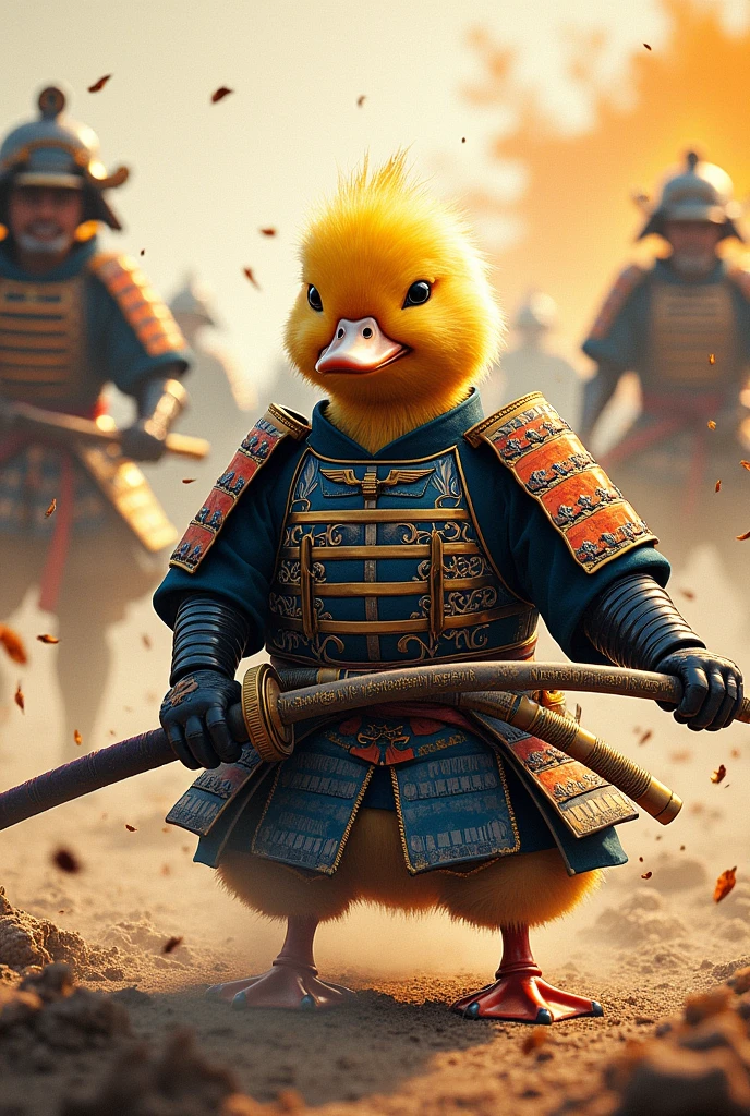 A little duck wearing a samurai suit holding a sword standing in the war