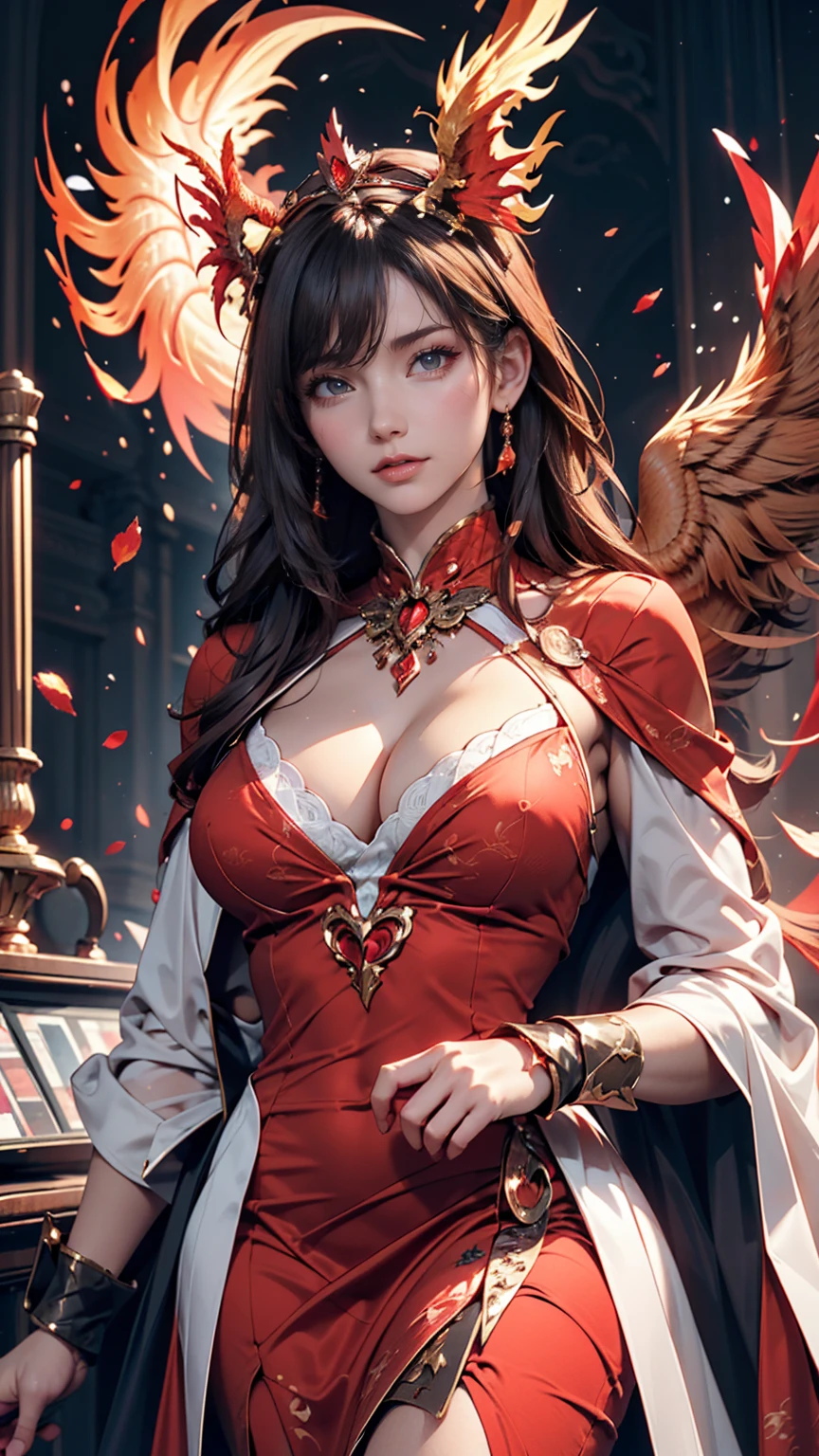 1 heroine, one beautiful princess, In the Dark: 1.6), Surreal Female Portraits by David Hockney and Alphonse Mucha, Fantasy art, Korean Doll, Photorealism, Dynamic Lighting, Art Station, Poster, Volumetric lighting, Highly detailed face, 8K Ultra, whole body, Awards, In the Dark, Deep Shadow, Modest, Cowboy Lens, (Red Phoenix Dress: 1.4), Long Hair, Black Hair, bust, Luxury palace, Royal Style, Princess Crown, Big round black eyes, Style Royal, The most beautiful face, Large and normal breasts, Ultra-realistic,