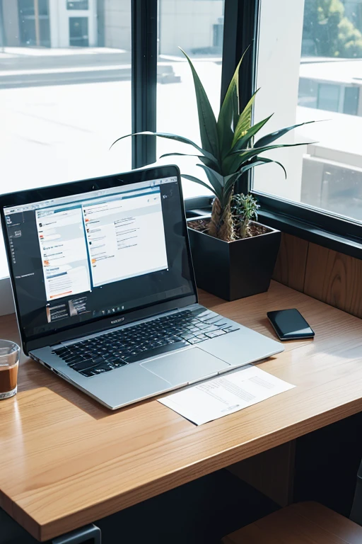 An elegant and modern workspace with a sleek laptop open, displaying a sophisticated AI-powered form builder interface on the screen. The interface features clean, intuitive design elements, with form fields, drag-and-drop components, and AI suggestions highlighted. Around the laptop, there are subtle tech elements like a smartphone showing notifications, a cup of coffee, and minimalistic office supplies on a wooden desk. The background includes soft natural lighting through a window, casting gentle shadows, giving the scene a professional and inviting atmosphere. The design should convey innovation, simplicity, and productivity