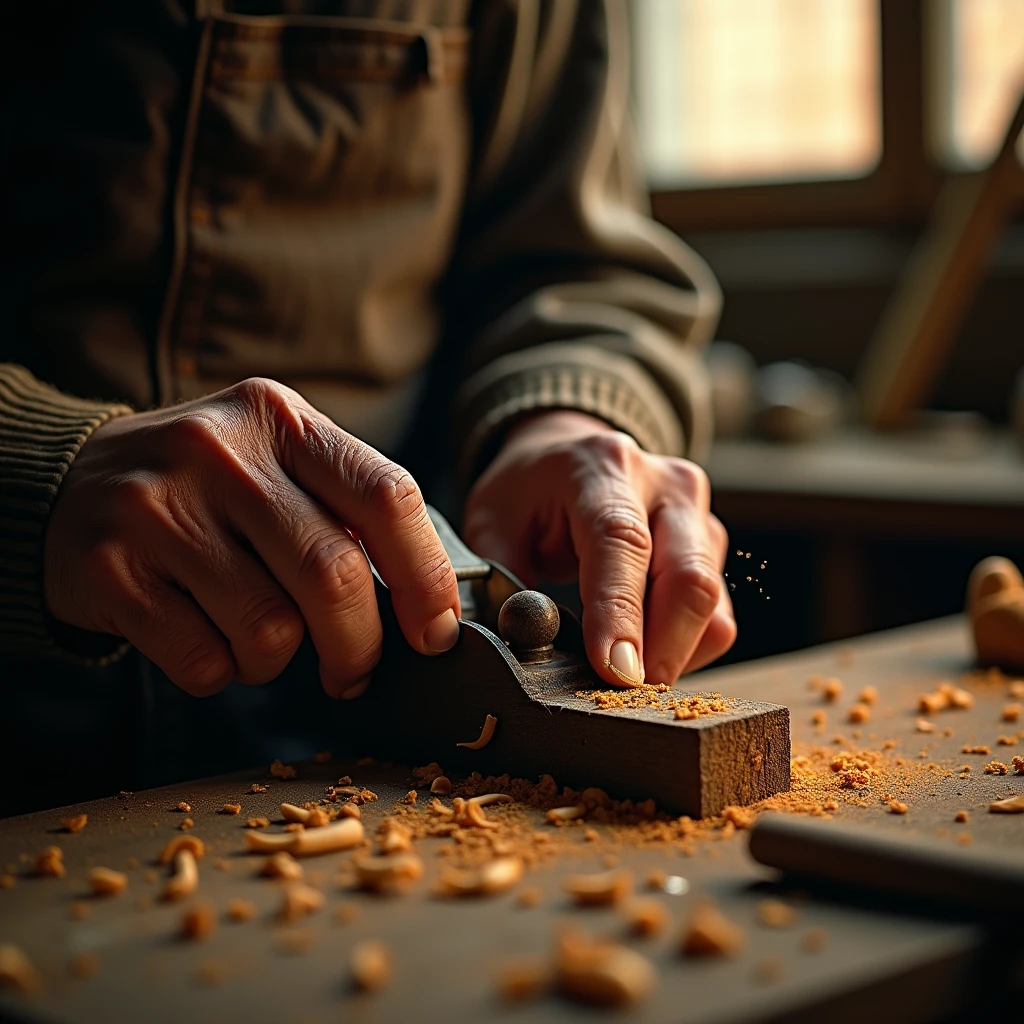 Close-up of the oldest hands, travaillant une planche de bois de chaîne avec un vieux rabot , copeaux de bois