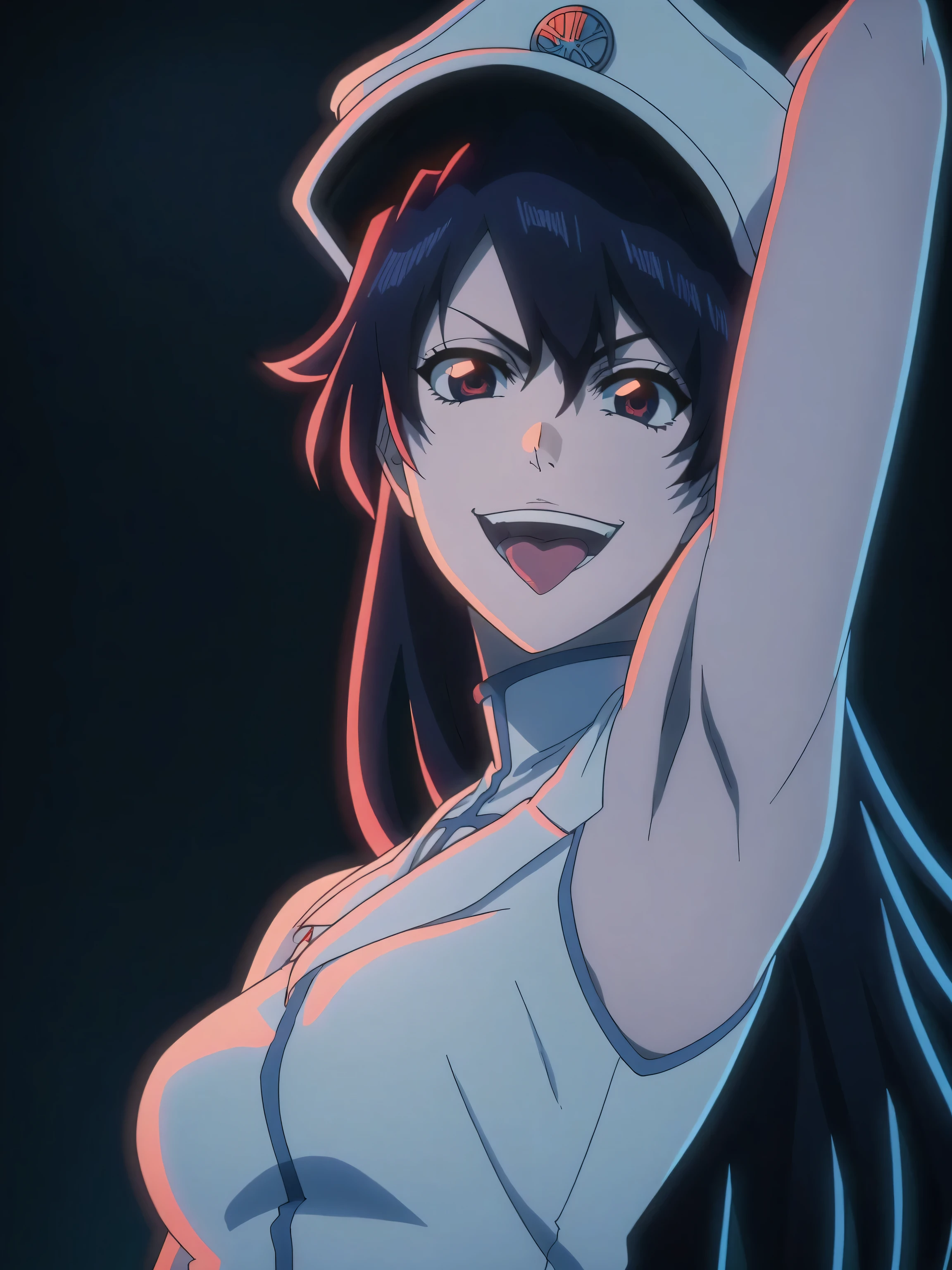 score_9, score_8_up, score_7_up, source_anime, anime screencap, black background, 1girl, solo, bambietta, long hair, medium breasts, military uniform, hat, sleeveless, bare shoulders, bare arms, looking at viewer, eye contact with viewer, evil smile, open mouth, tongue, tongue out, arm up, raised arm, armpit, from side, from below