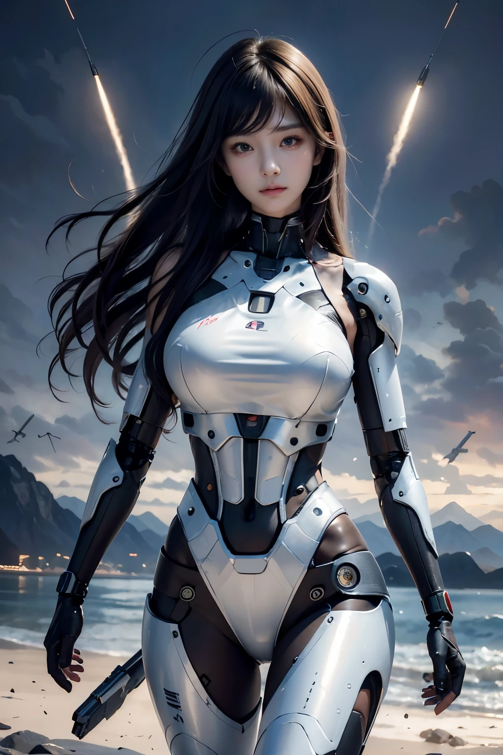 Textured skin, Super Detail, high details, High quality, Best Quality, hight resolution, 1080p, hard disk, Beautiful,(cyborgs),beautiful cyborg woman,Mecha Cyborg Girl,Battle Mode,Girl with a Mecha Body,Able to launch missiles from the chest,You can shoot a machine gun from both hands
