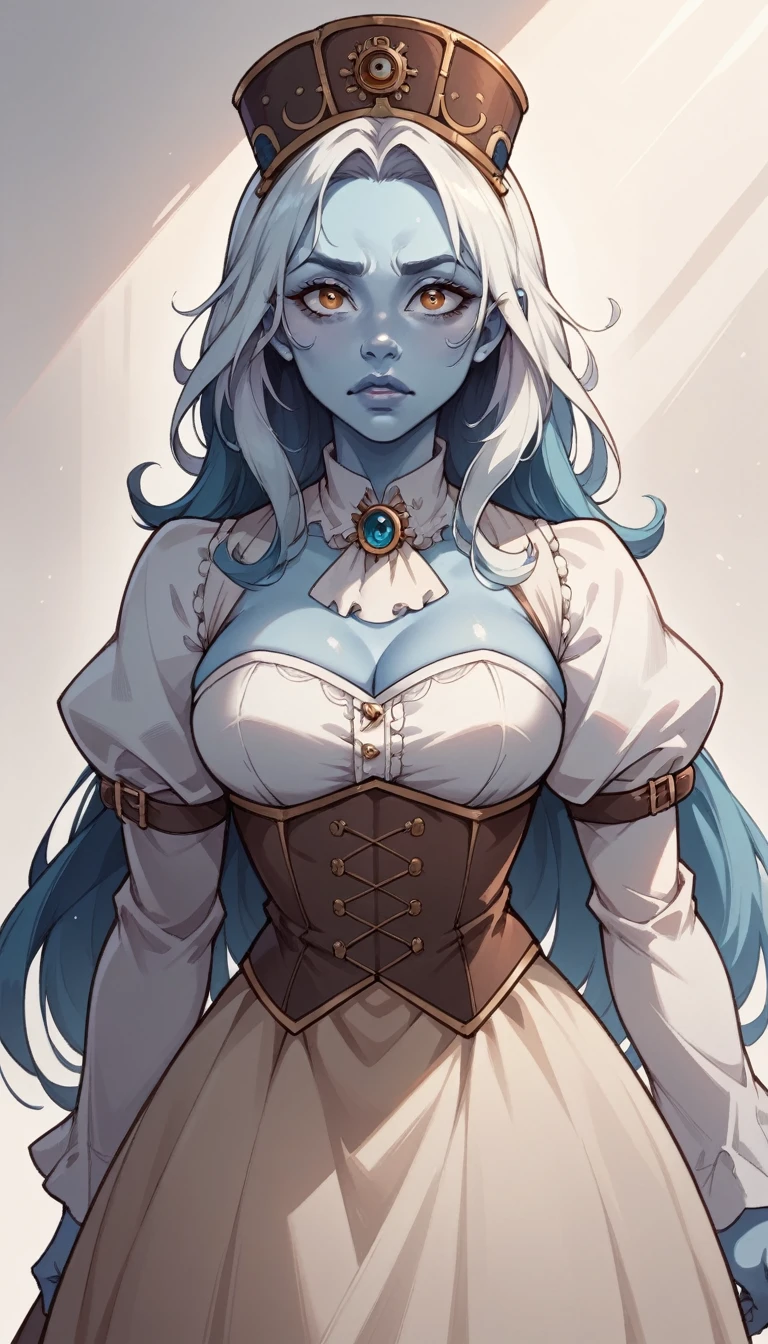 Masterpiece, best quality, hand-drawn style, lots of details, high quality, right shadows and ligh, female character age 35 years, azure-blue skin, oval face, round face, white long hair, oval brown-amber eyes, straight small snub nose, rising thin eyebrows, downward-turned lips, small chin, casual steampunk fantasy clothing