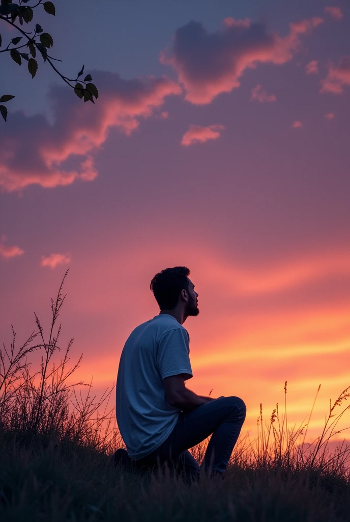At dusk、A headwind is blowing。Stand on both knees、Relax your shoulders、An overhead view of a man looking at the sky and lost in thought。