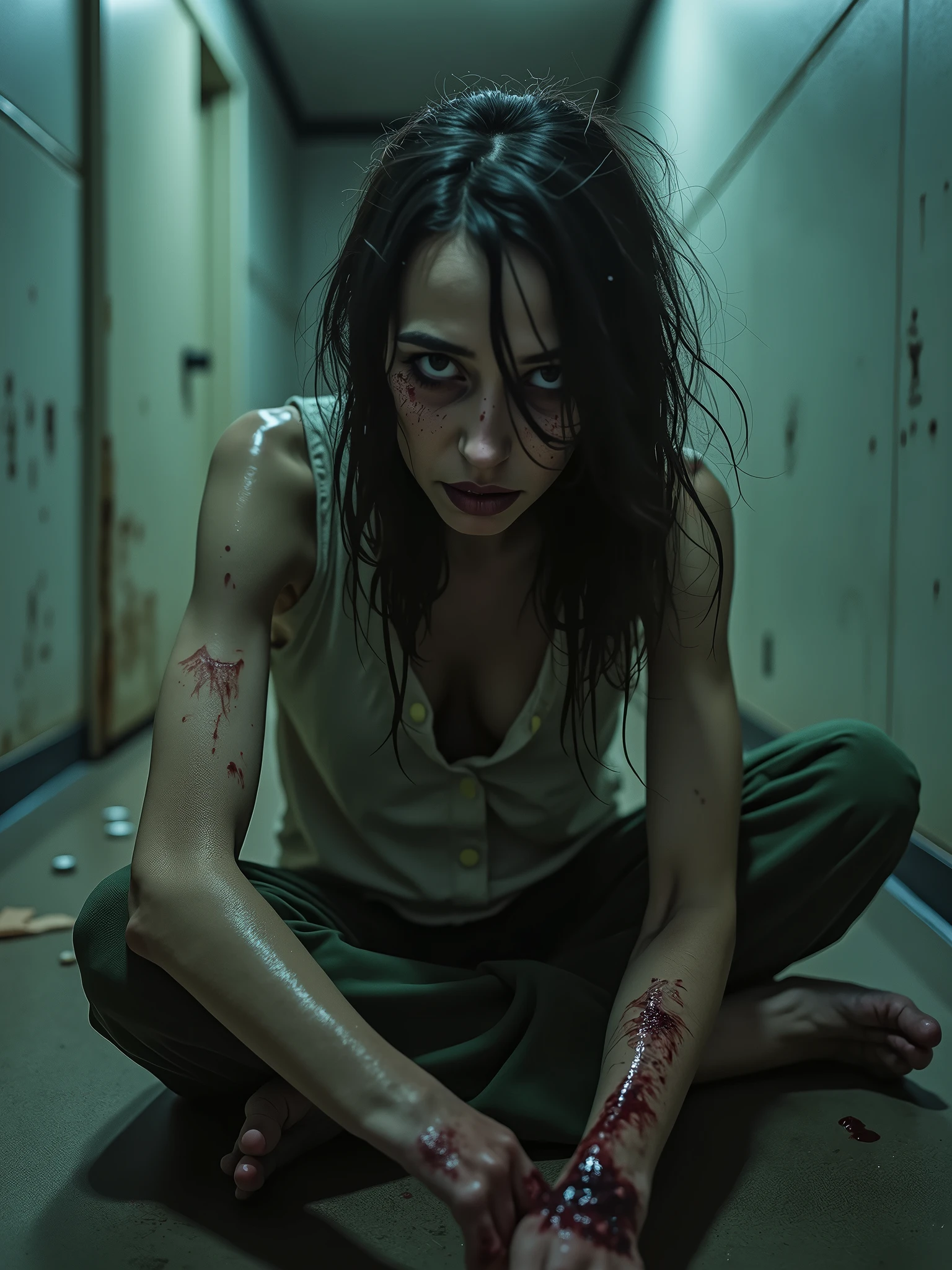 Visualize a gaunt, emaciated figure sitting in a dark, dimly lit room. The narrator's skin is pale and stretched tight over their bones, with deep, dark circles under hollow, haunted eyes. Their hair is disheveled and unkempt, and their clothes are tattered and stained with blood and grime. The narrator's hands are clenched, showing signs of self-inflicted wounds, with raw, bleeding flesh visible. Their expression is one of despair and madness, with a vacant stare that suggests they are barely holding on to sanity. The room around them is cold and sterile, with signs of violence—scratches on the walls, smeared blood, and broken objects scattered around. The atmosphere is oppressive, filled with a sense of horror and torment., cinematic