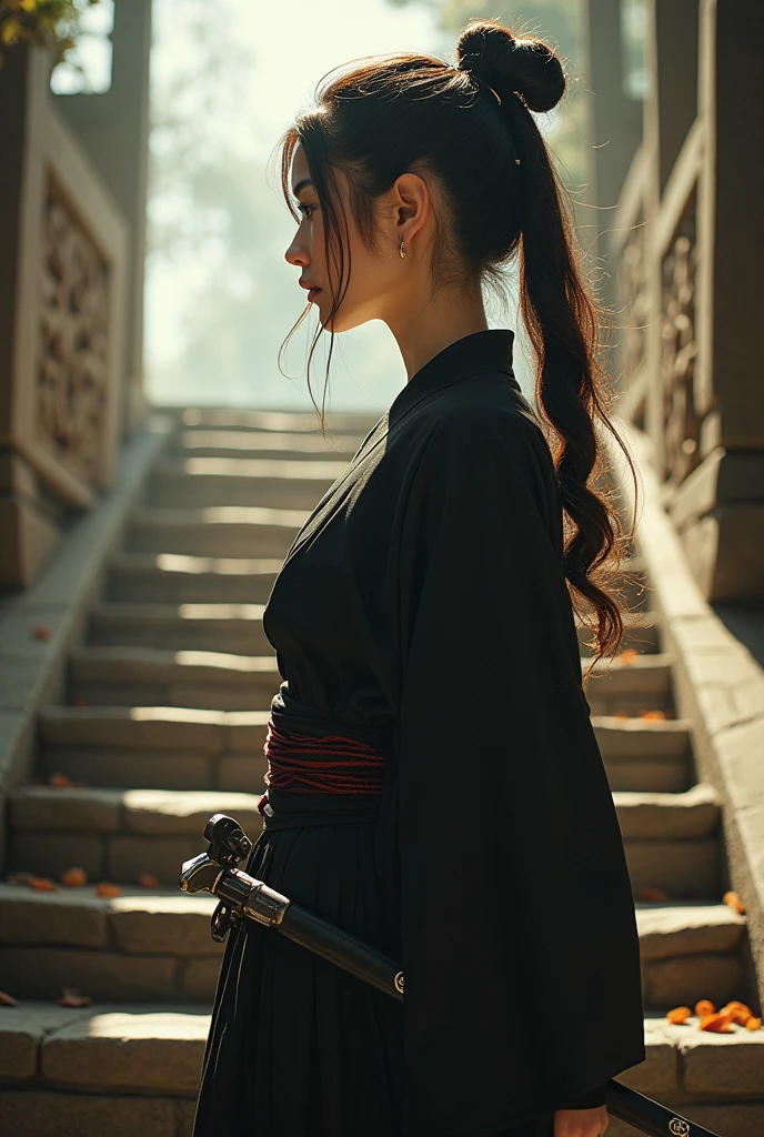 Highest quality, Realistic, Very detailed, finely, High resolution, 8k、Ninja、Tie your hair、How to put on a hairpin、Bright light、Walking up the stairs、Double teeth、A face with dimples、Beautiful clavicle、Beautiful inner thighs、Delicate eyes、Facing forward、Weapon on thigh