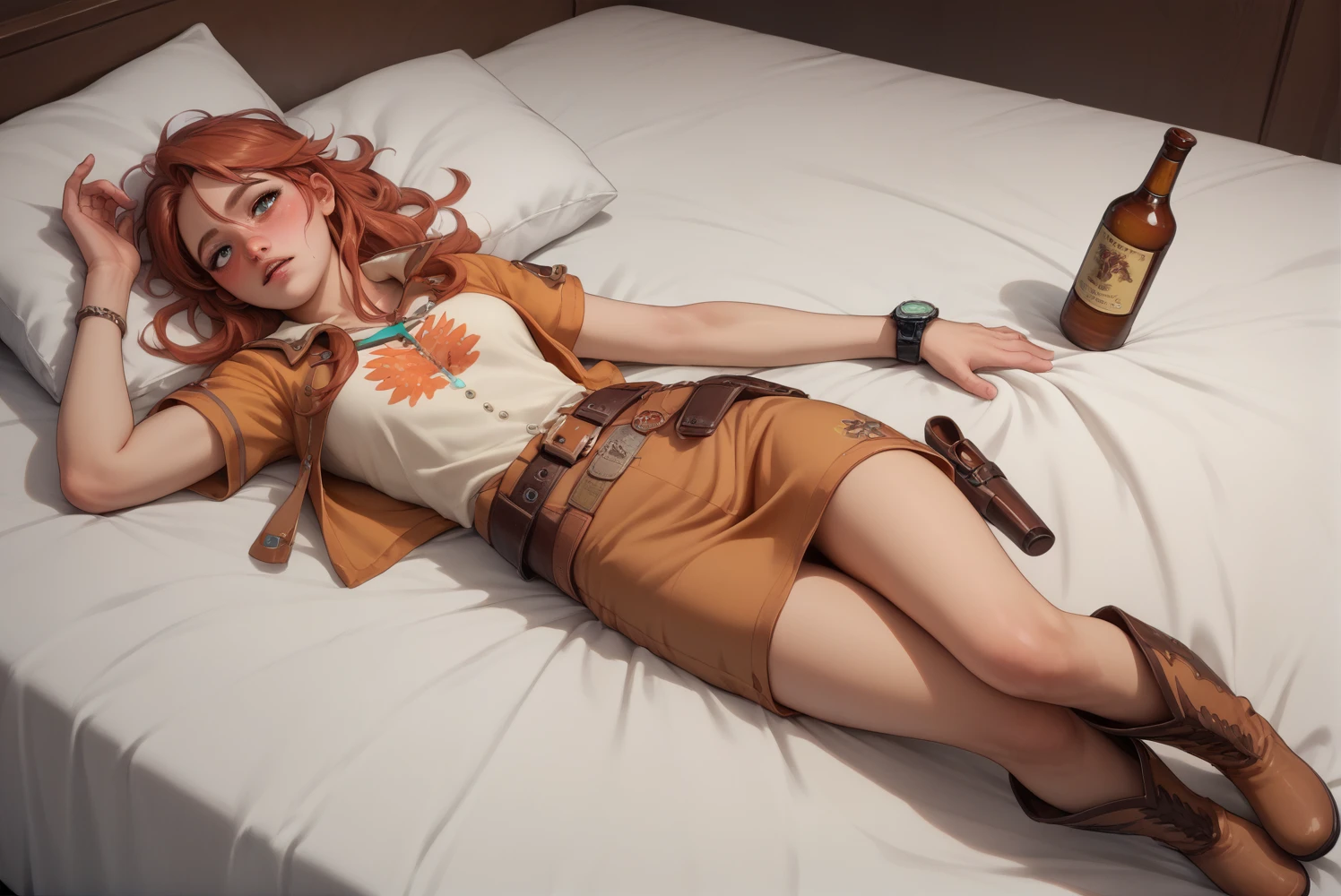 Gemini Sunrise,Western belt with holster,Western Boots,Watch on wrist,Drunk,Clear Face,Above the knee shot,hiccups,Lying in bed,Ultra-high resolution,16K