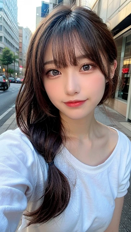 is a photo of a cartoon image of a pretty girl staring up in the sky, 1girl, solo, long hair, brown hair, blue eyes, upper body, braid, Best Quality, Illustration, Ultra-detailed, finely detail, hight resolution, 8K Wallpaper, Perfect dynamic composition, Beautiful detailed eyes, doress,Medium Hair, Natural Color Lip, Random and sexy poses,Smile,Aoyama Street Walk、20 years girl