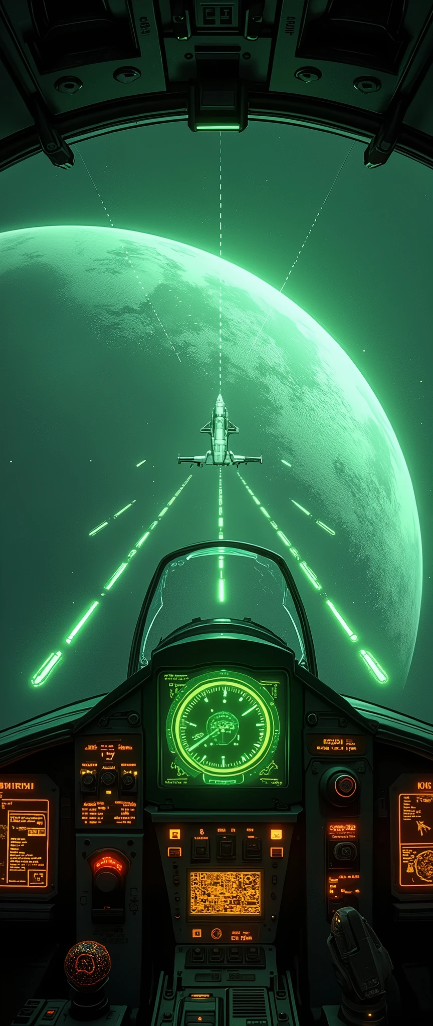 (masterpiece:1.2,Distinguished Quality,Mirror-like,Cinematic Experience),8k,wallpaper,View from the cockpit of a space fighter,(Landing on the mothership, the space carrier:2.0),(Mother ship launch and recovery catapults 2.0),(A green light guide beacon extends from the aircraft to the carrier.:2.0),(Guide beacons are displayed as dotted lines:2.0),(Drawing of the spaceship cockpit:2.0),dynamic
