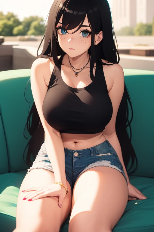 Big boobs. Skinny waist. Thick thighs. Crop top. Short shorts. Sitting down. Cute face. Freckles. Pretty makeup. Long black hair.