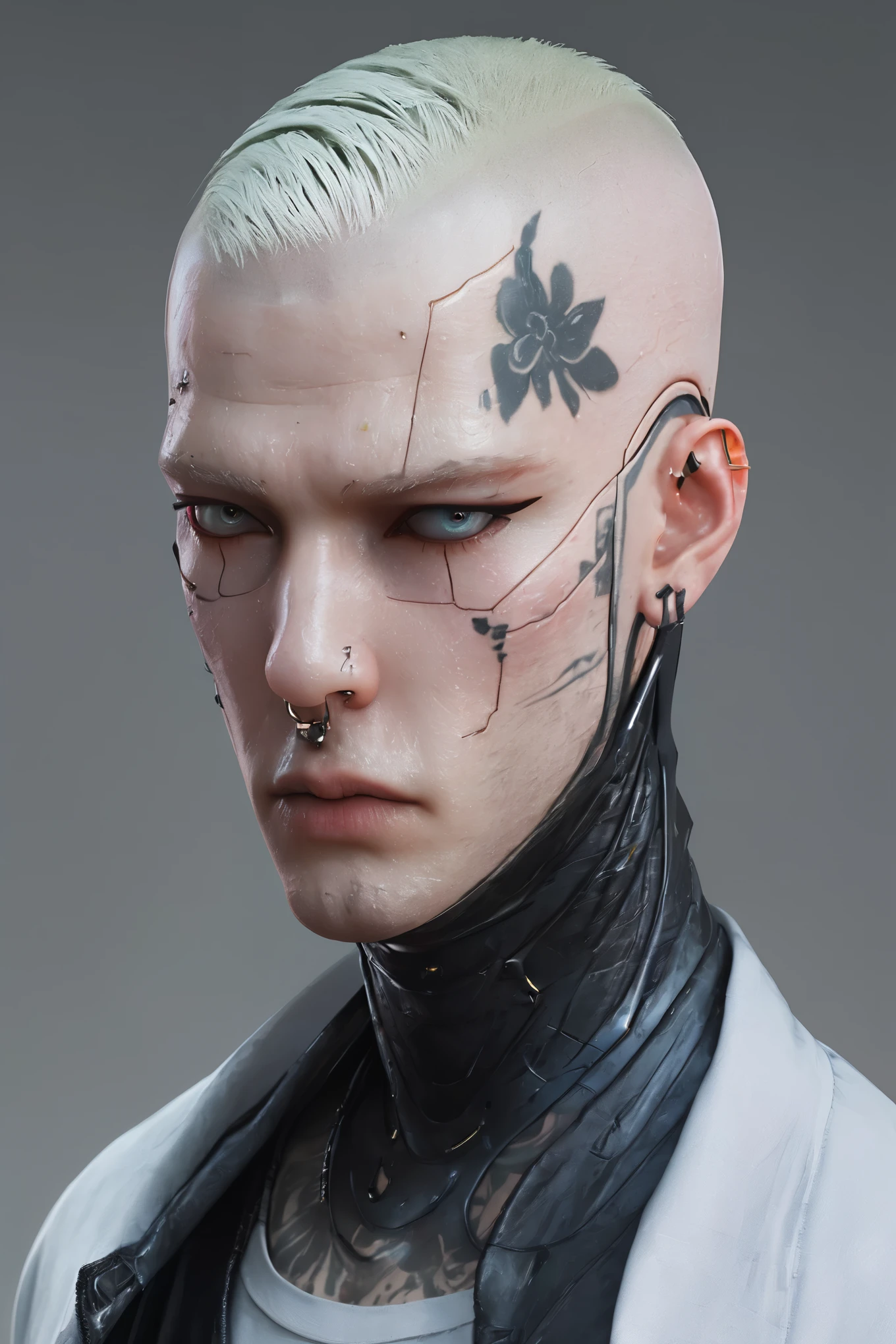 Create an albino character, he has shaved hair, HAIR STYLE LIKE A EMINEM, , just his face, FRONT VIEW FACE, FRONT VIEW FACE, CLOSE-UP FACE, from all angles, front, right side, left side, and behind, just his face, artstation, 8k, realistic, photorealistic, white background, fixed character, 3 sides in a single image, mystical post-apocalyptic cyborg, movie still of a cool cyborg, movie still of a cyborg villain, movie still of a cyborg, cyberpunk, dystopian science fiction character, film still of an alien cyborg, cyberpunk samurai,, HE HAS EASTERN FEATURES