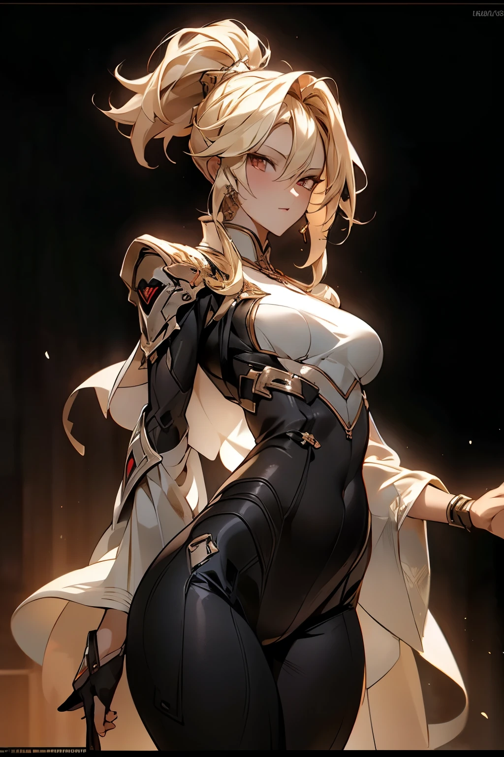 ((best quality)), ((Masterpiece)), (details:1.4), 3d, HDR (high dynamic range), amature woman, SLEEK Style, Blonde hair, High Ponytail, Red eyes, hips up จมูกโด่ง, ปากแดง, หน้าอกใหญ่, nvidia RTX, PBR surface, After processing, Anisotropic filtration,depth of field, Maximum clarity and clarity, multi-layered surface, Subsurface scattering, perfect proportions, 8K raw files, ความละเอียดสุดยอด, Unreal 5, Perfect proportions, Octane Render, Wide aperture, Low ISO, Holy paladin, Heavy Black armor, jewely, ต่างหู