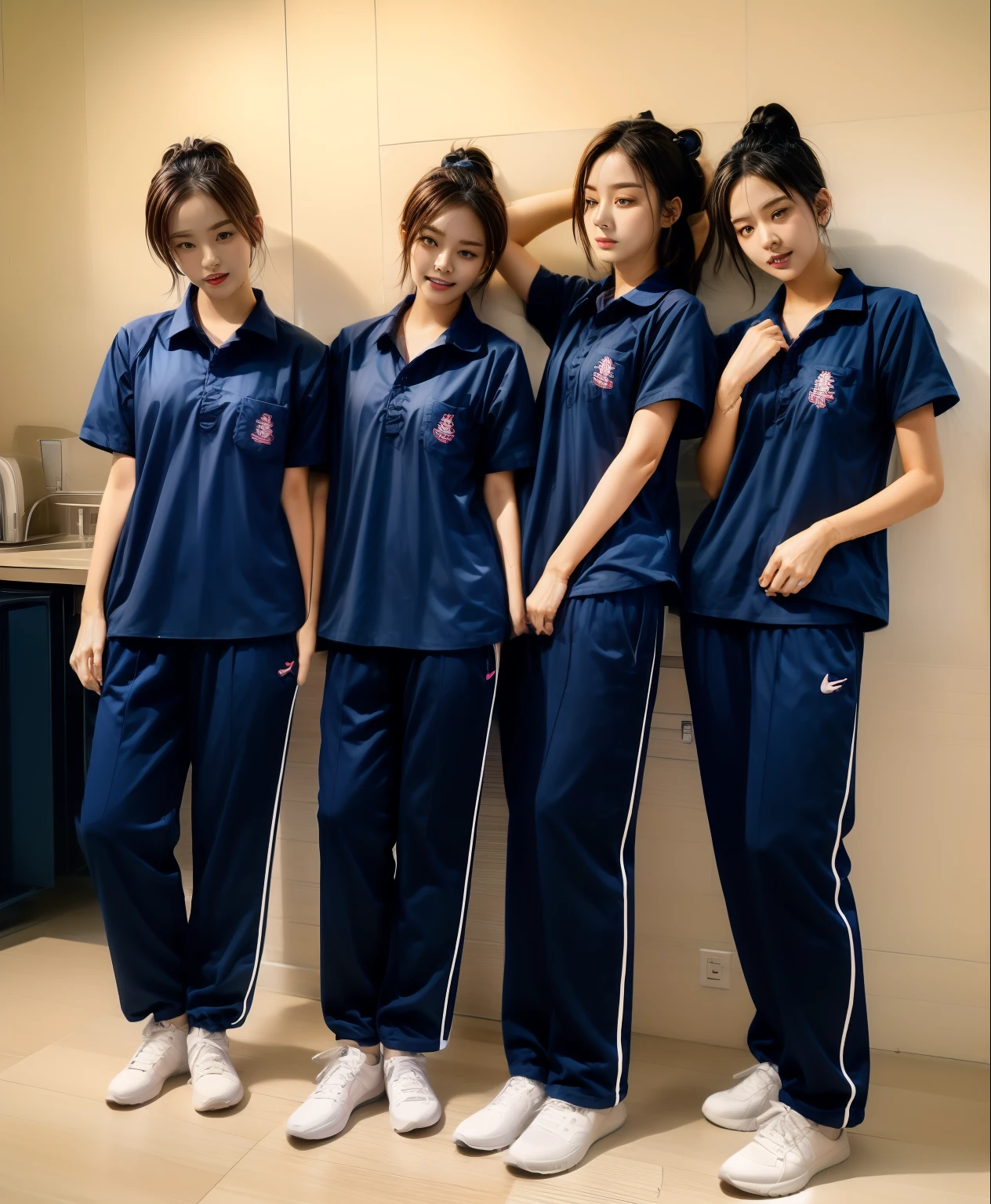 3 girls sleep on bed, Navy blue short-sleeved shirt,Navy Long Trackpant,Sweatpants, Sweatpantsขายาว,25 year old girl, lesbian, sexy, exercise clothes, wet body, exercise clothes