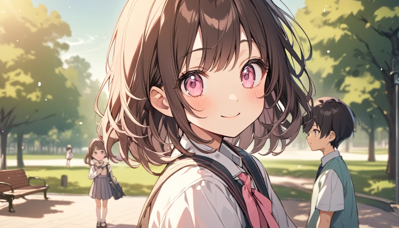 good looking, 2 elementary school students, 1 person, 1 person,Dark brown hair, Pink highlights on the tip, Pale pink eyes,The background is a park,Two people playing innocently,smile,Nostalgic feeling